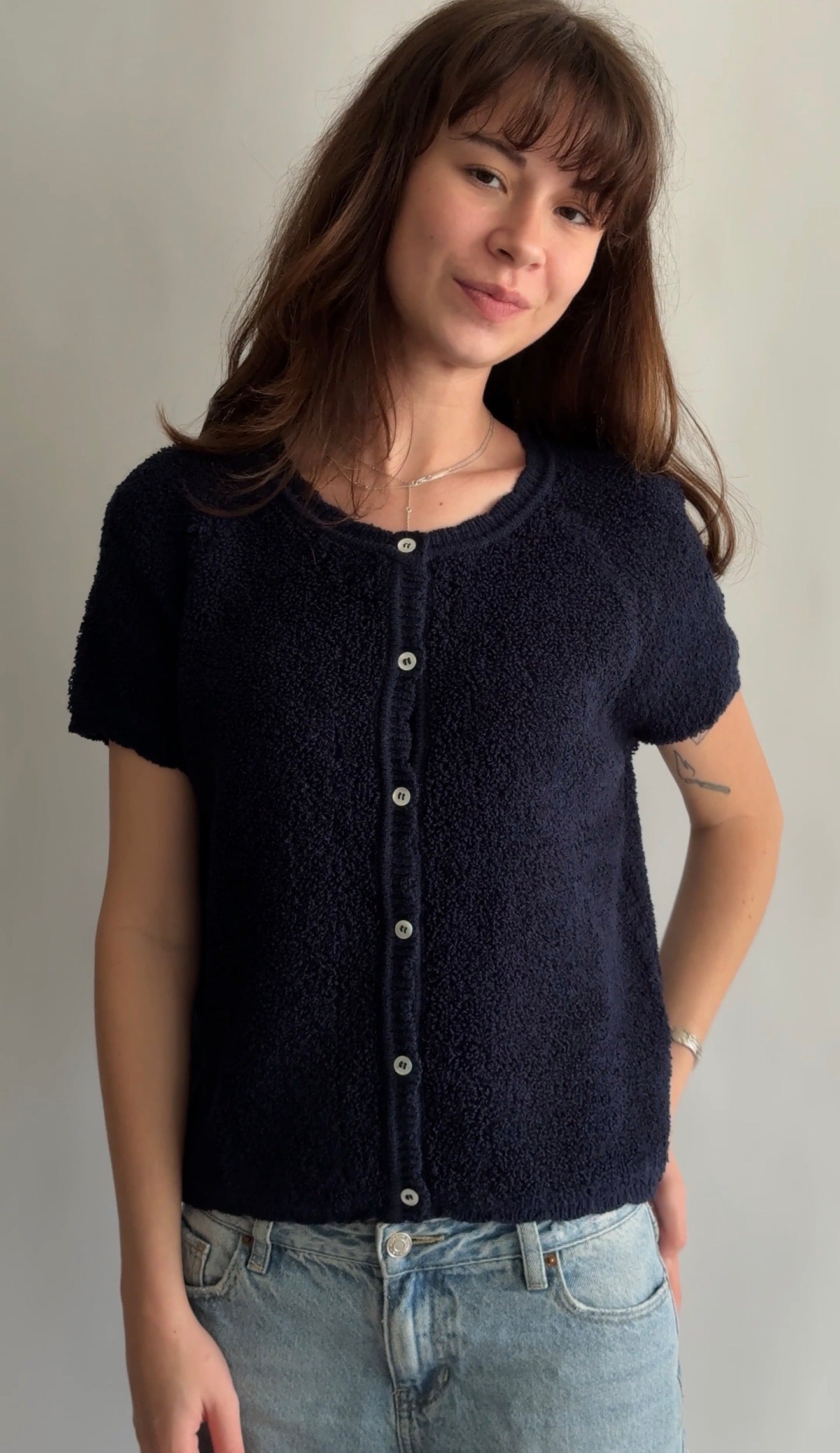 Elle Grey Jade Navy Blue Fuzzy Knit Buttoned Top