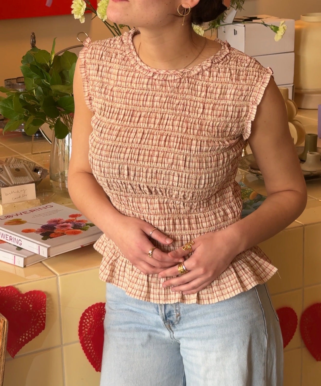 Hallie Red and Cream Plaid Shirred Sleeveless Top