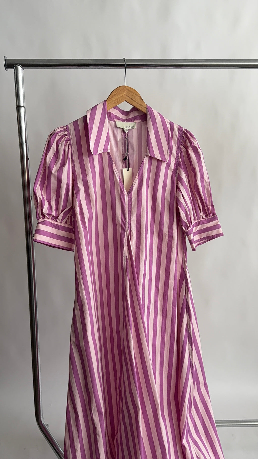 PINCH Kiara Stripe Collared Puff Sleeve Midi Dress (Pink) M
