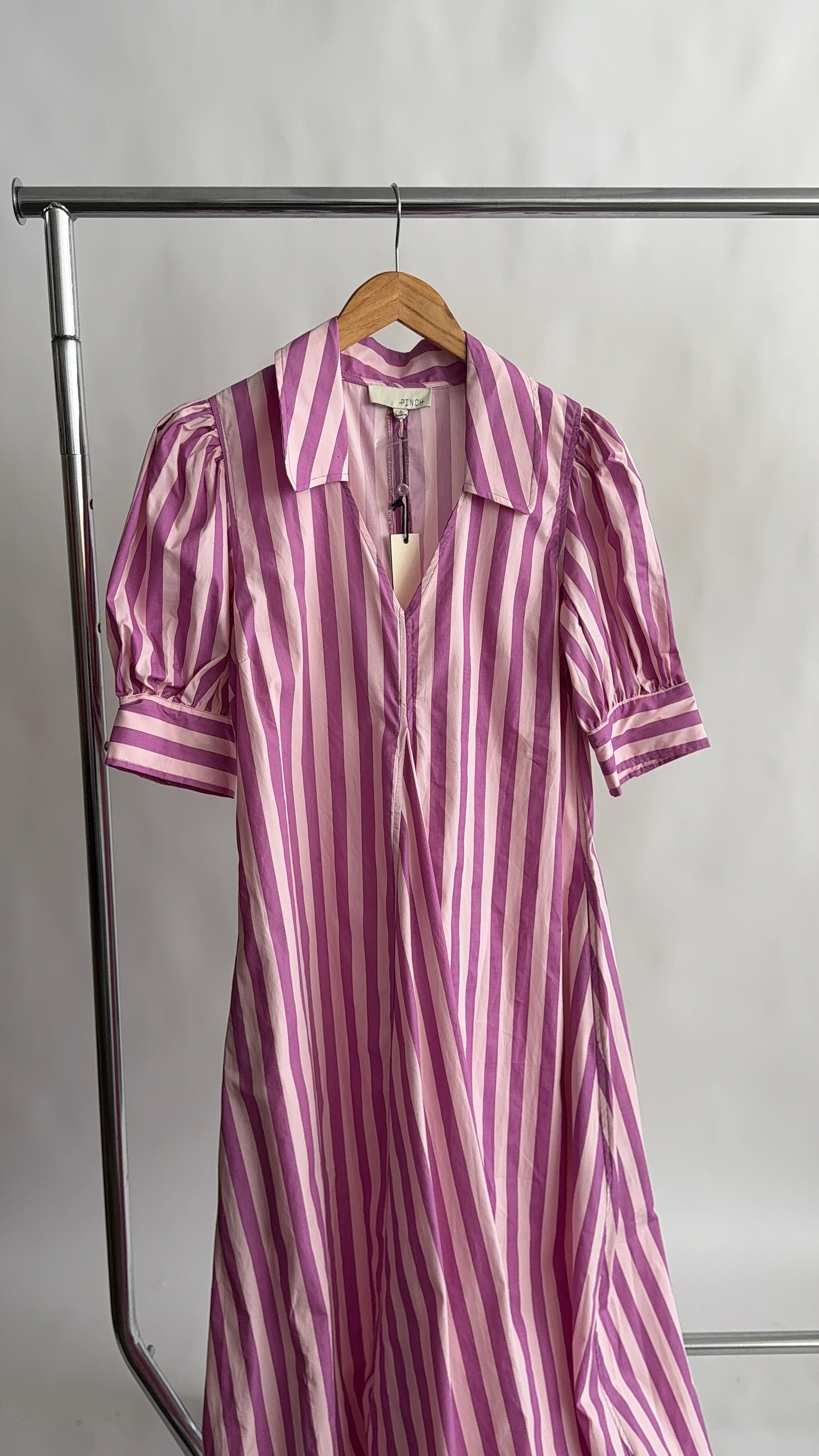 PINCH Kiara Stripe Collared Puff Sleeve Midi Dress (Pink)