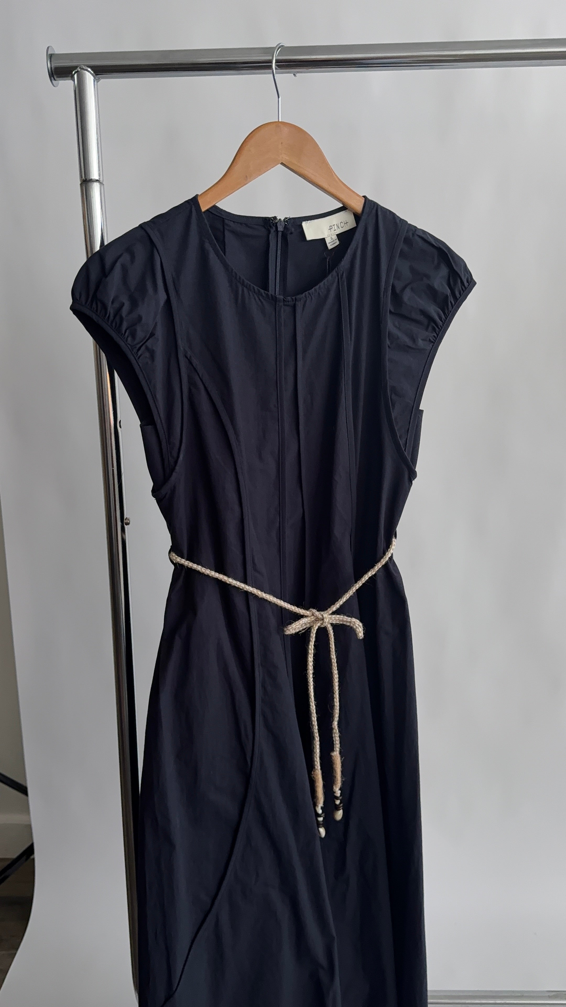 PINCH Kameron Cotton Rope Belt Short Sleeve Midi Dress (Navy)