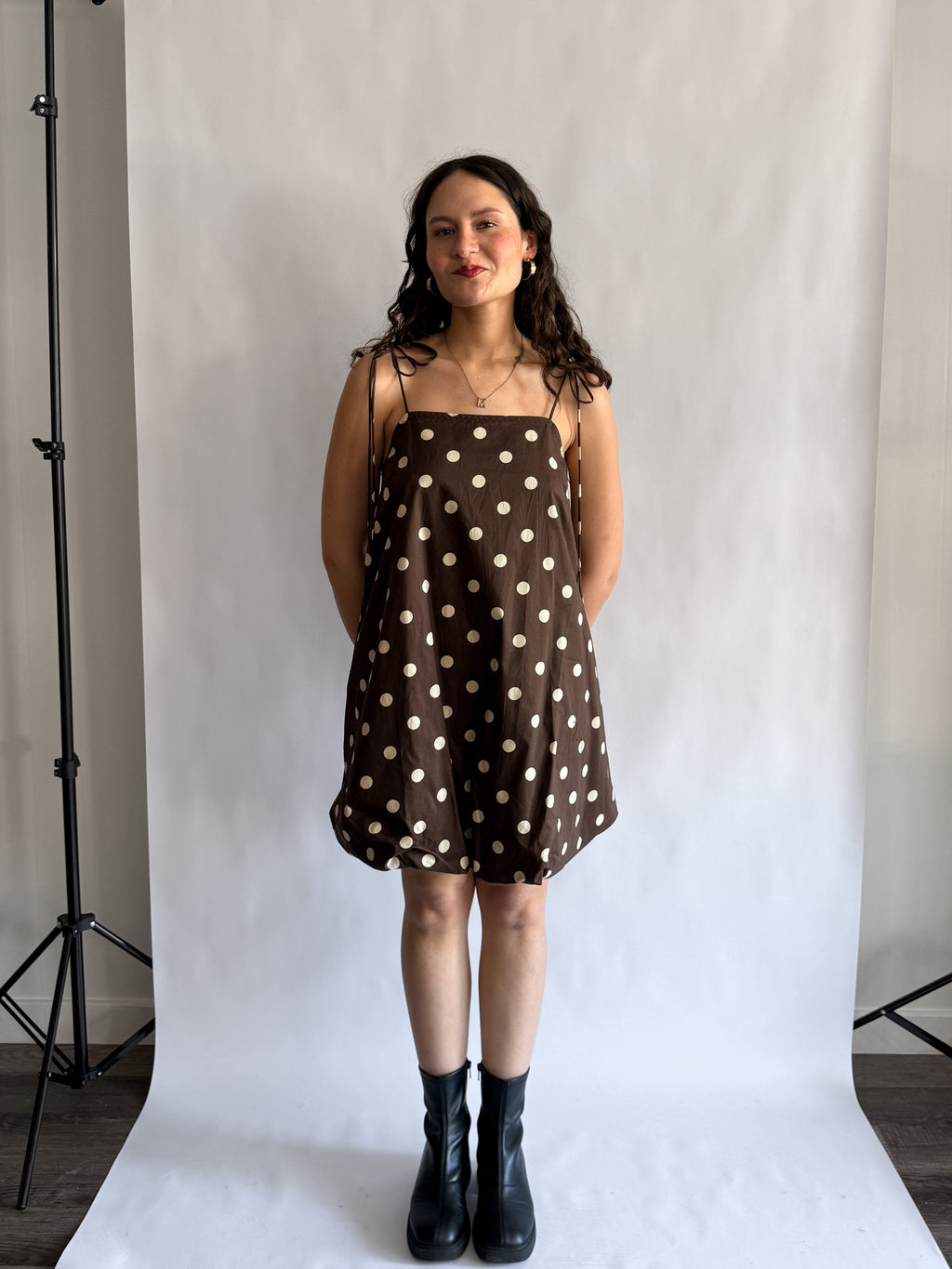 Things Between Layla Sleeveless Polka Dot Mini Dress (Brown)