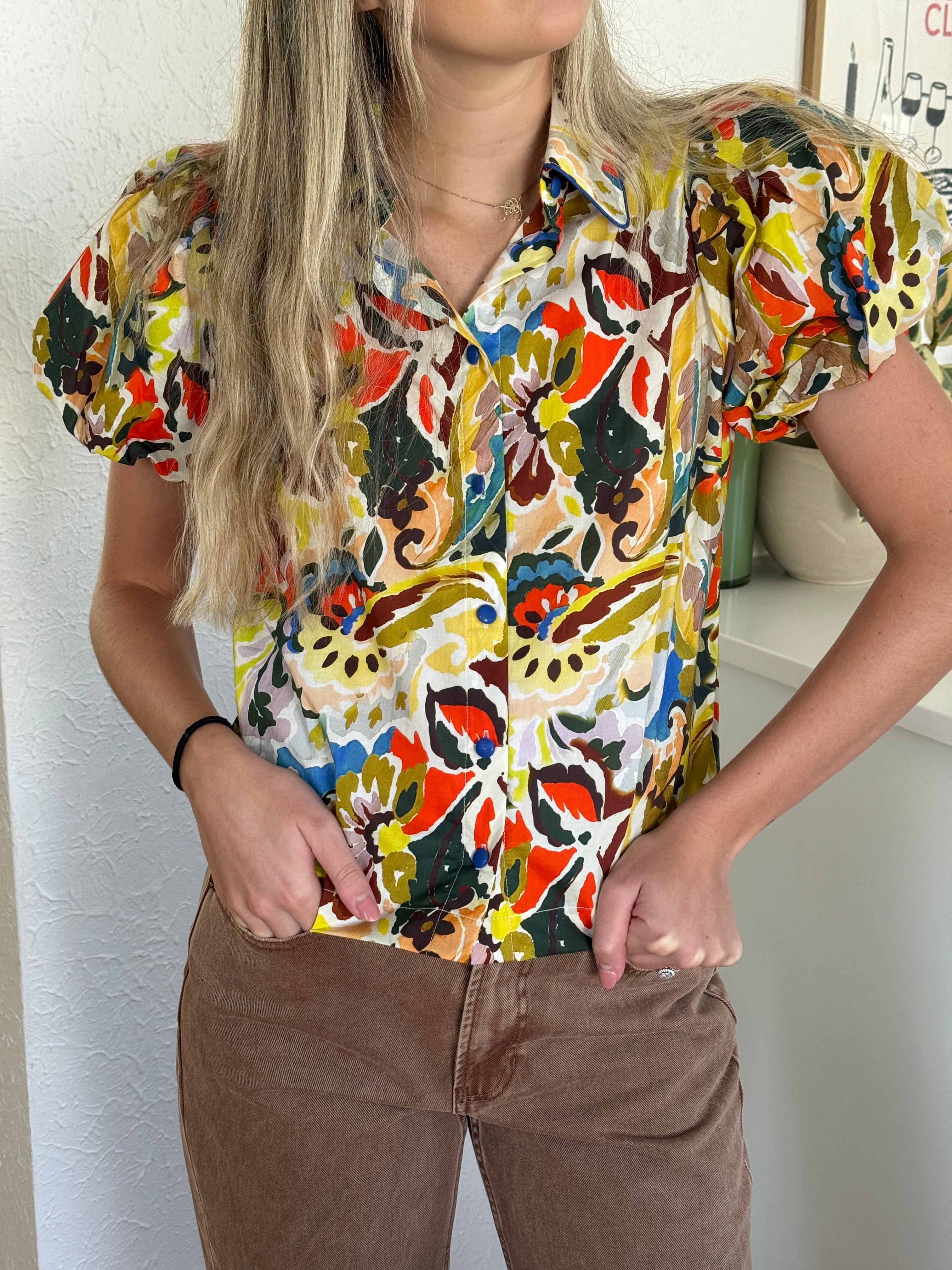 PINCH Nancy Collared Floral Print Button Top