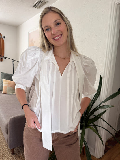 PINCH Nora White Tie Neck Pleated Puff Sleeve Top