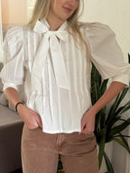PINCH Nora White Tie Neck Pleated Puff Sleeve Top