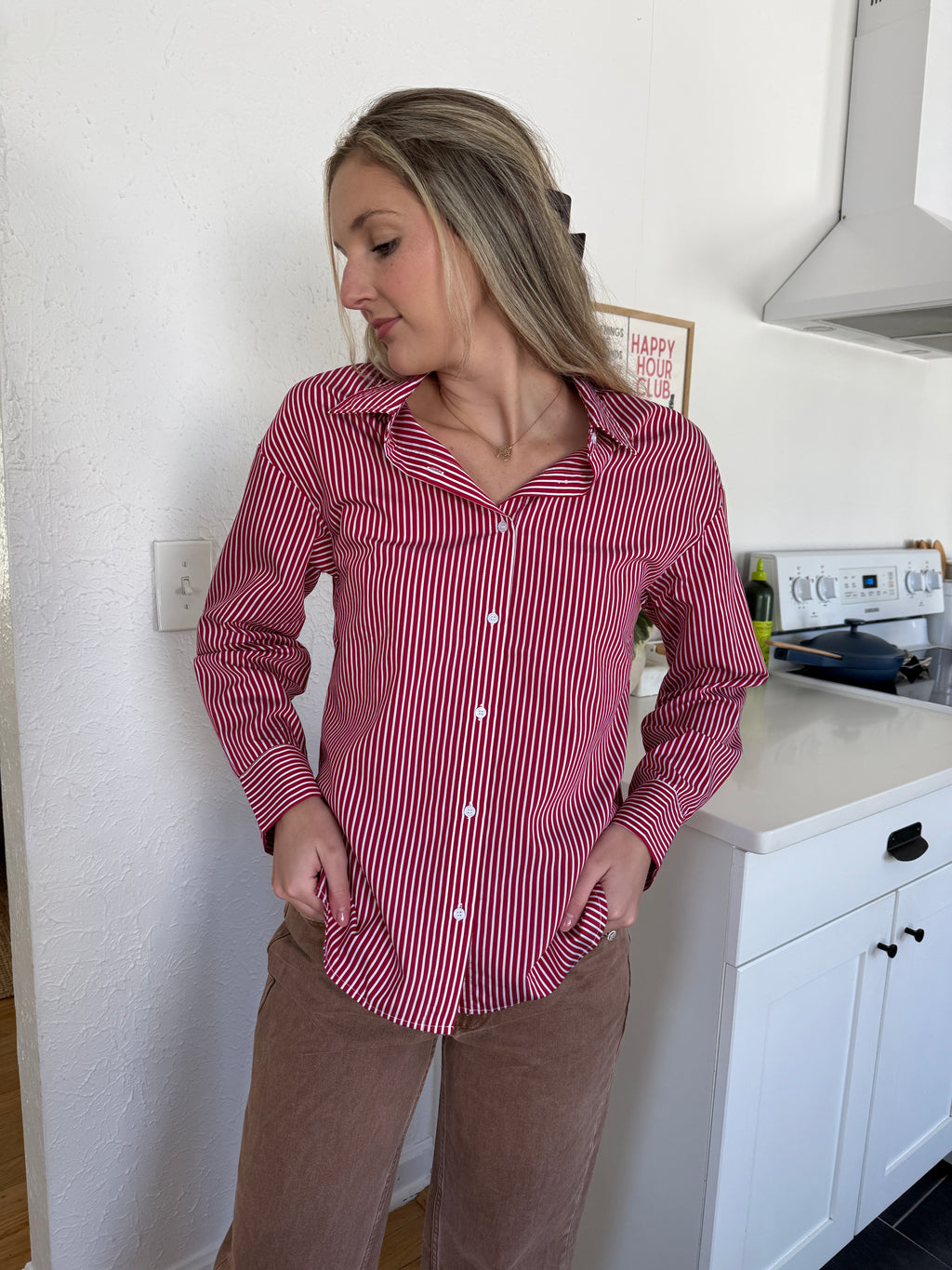 Aureum Nessa Red and White Striped Long Sleeve Button Top (XS)