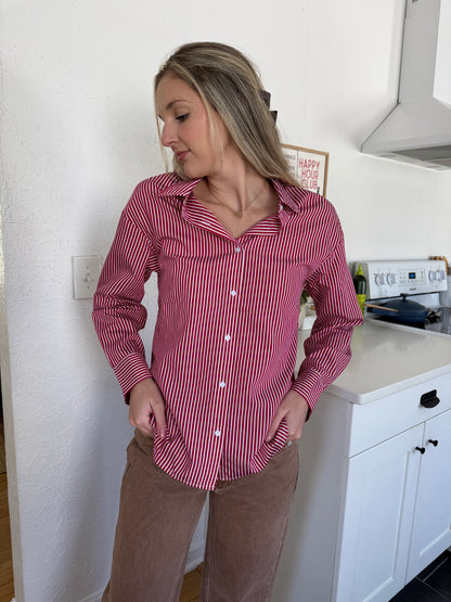 Aureum Nessa Red and White Striped Long Sleeve Button Top