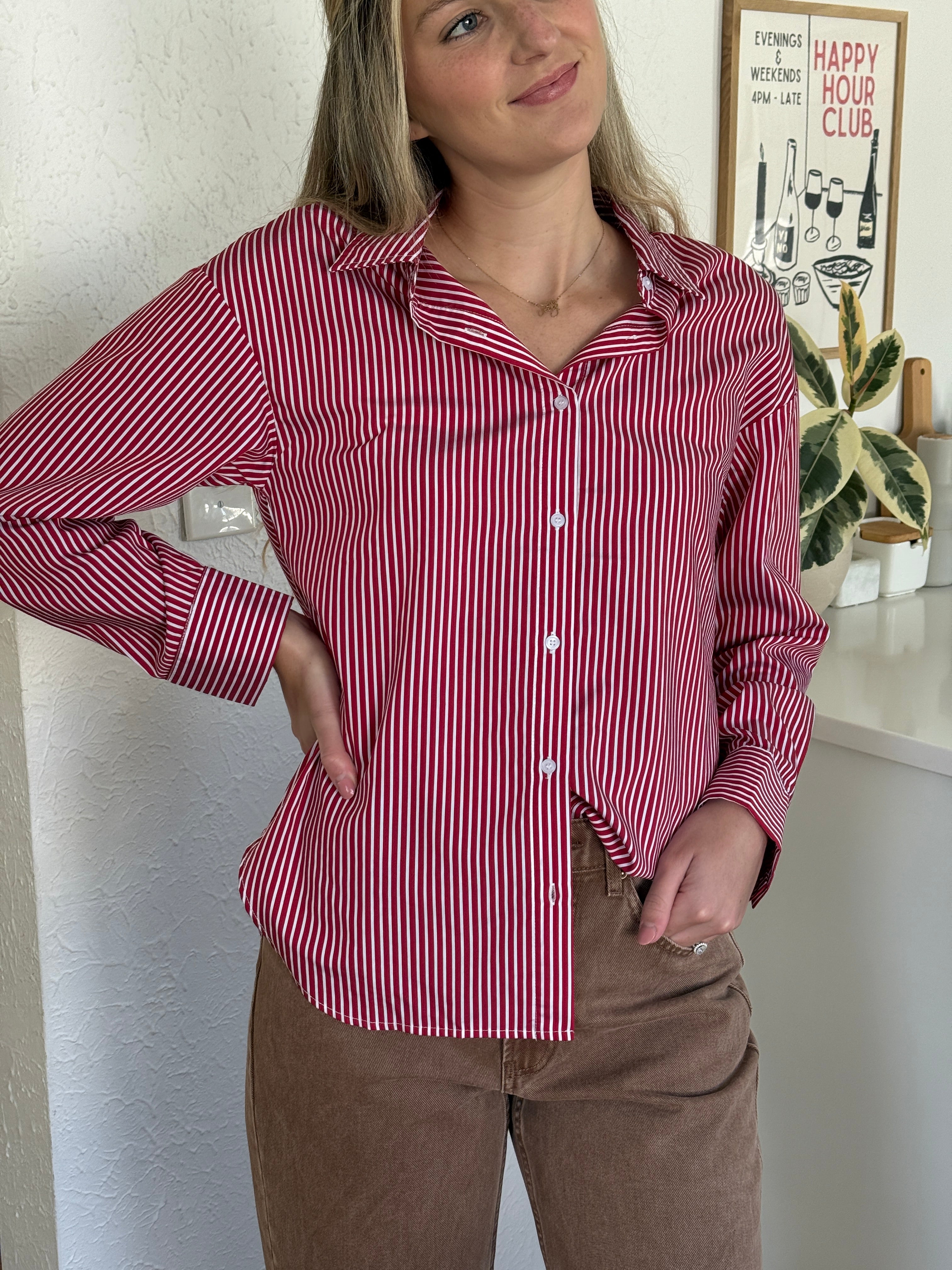 Aureum Nessa Red and White Striped Long Sleeve Button Top (XS)