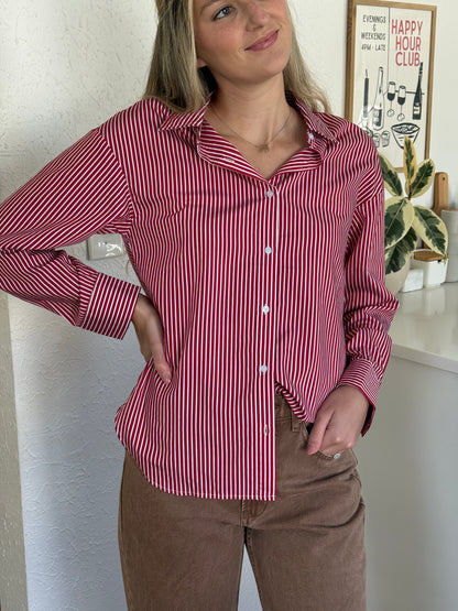 Aureum Nessa Red and White Striped Long Sleeve Button Top
