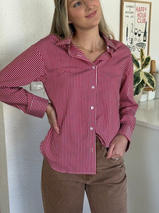 Aureum Nessa Red and White Striped Long Sleeve Button Top