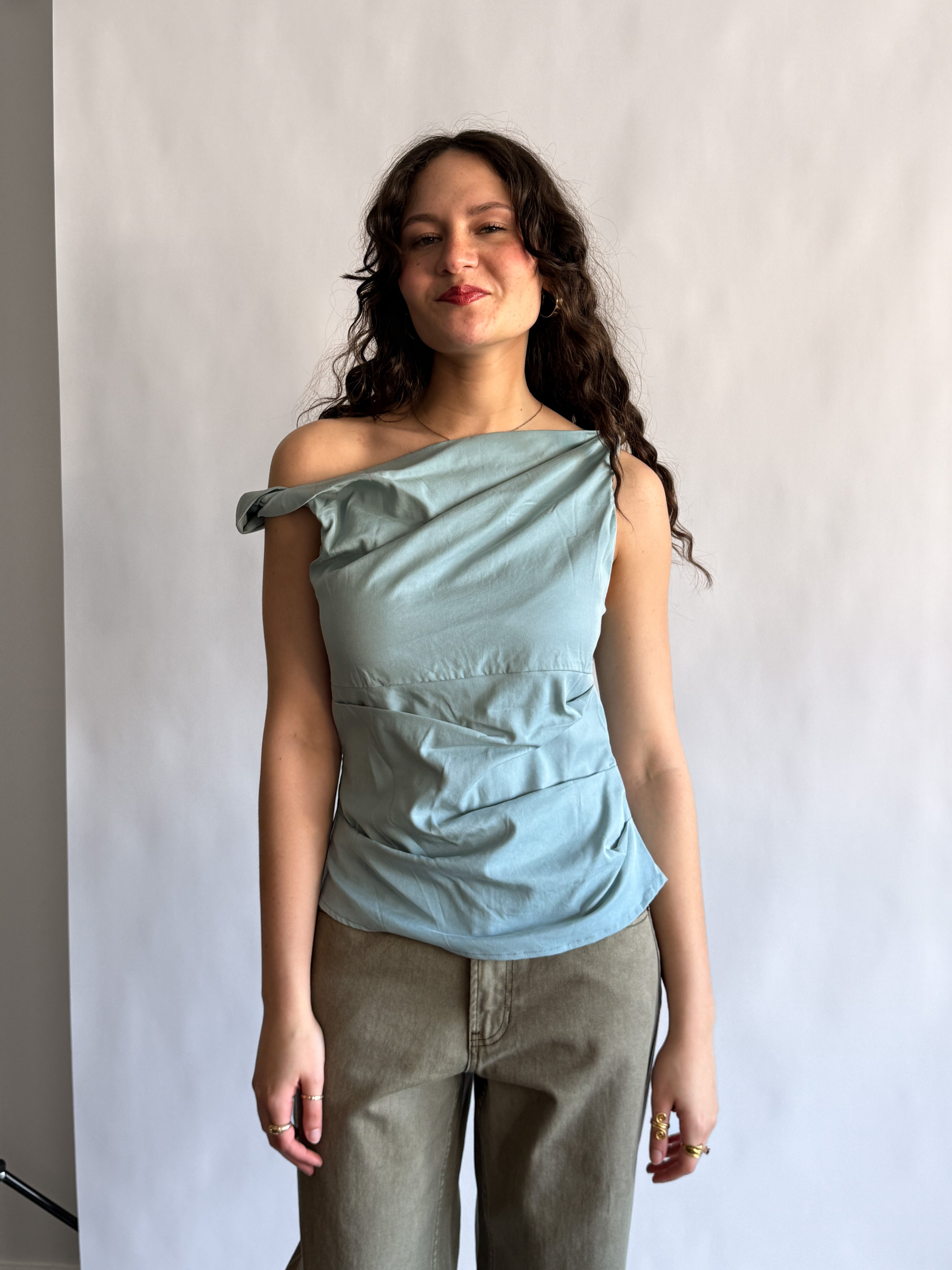 Luca Asymmetrical Beaded Sleeveless Top (Blue)