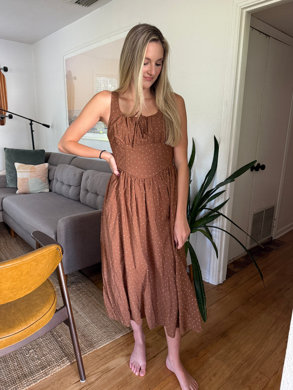 Melinda Brown Polka Dot Sleeveless Midi Dress