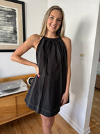 Maria Contrast Stitch Halter Mini Dress (Black)