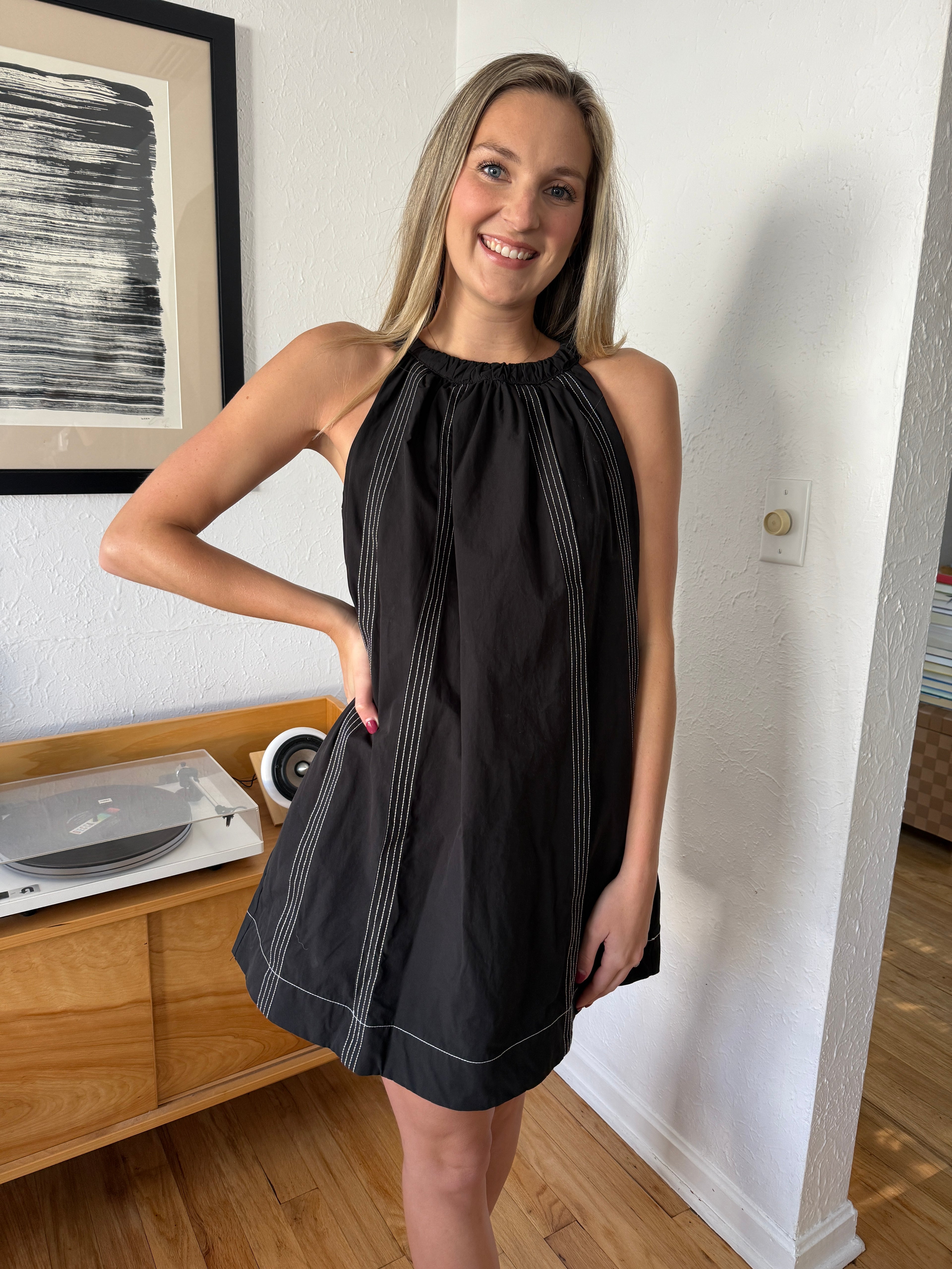 Maria Contrast Stitch Halter Mini Dress (Black)