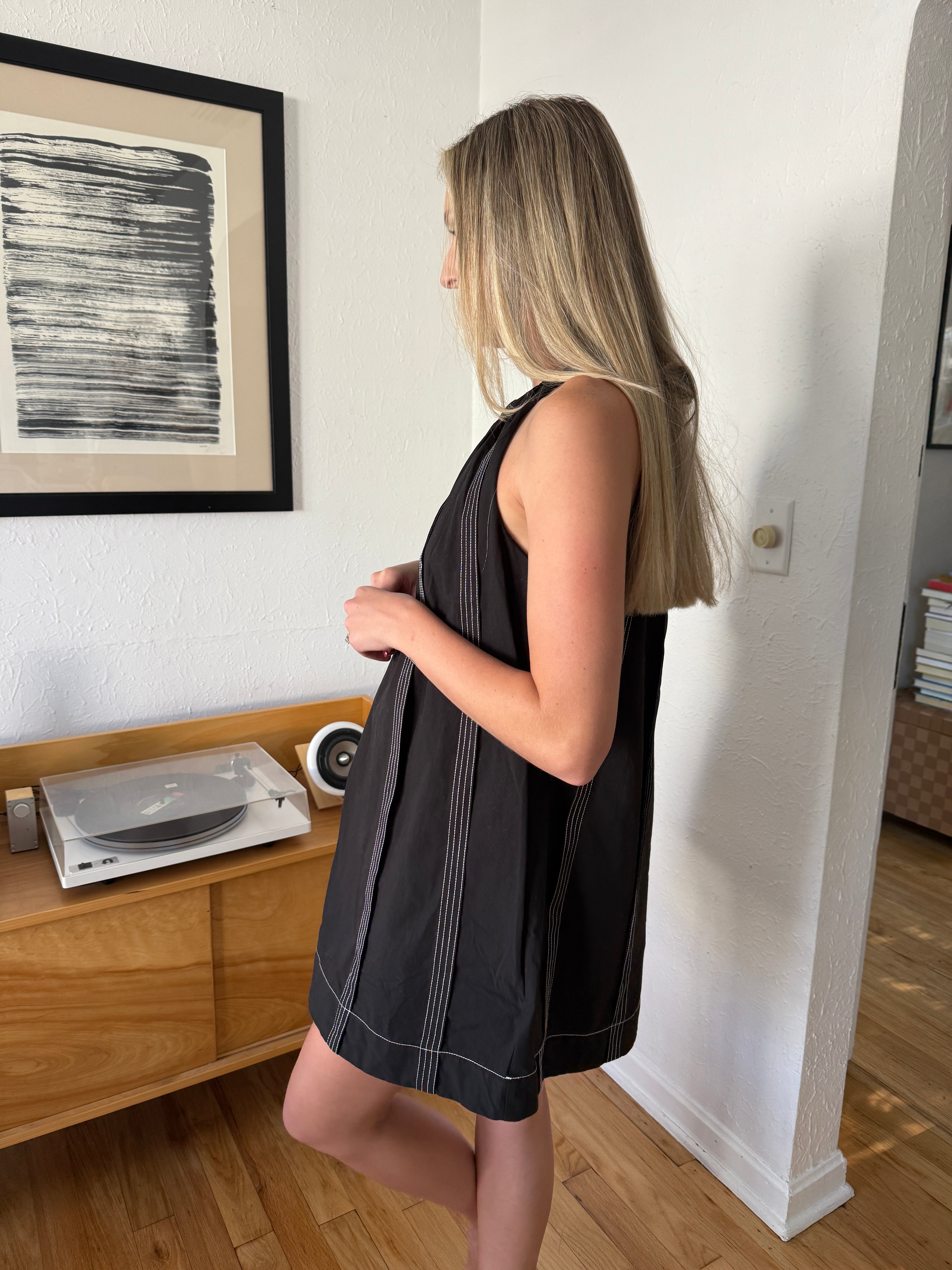 Maria Contrast Stitch Halter Mini Dress (Black)