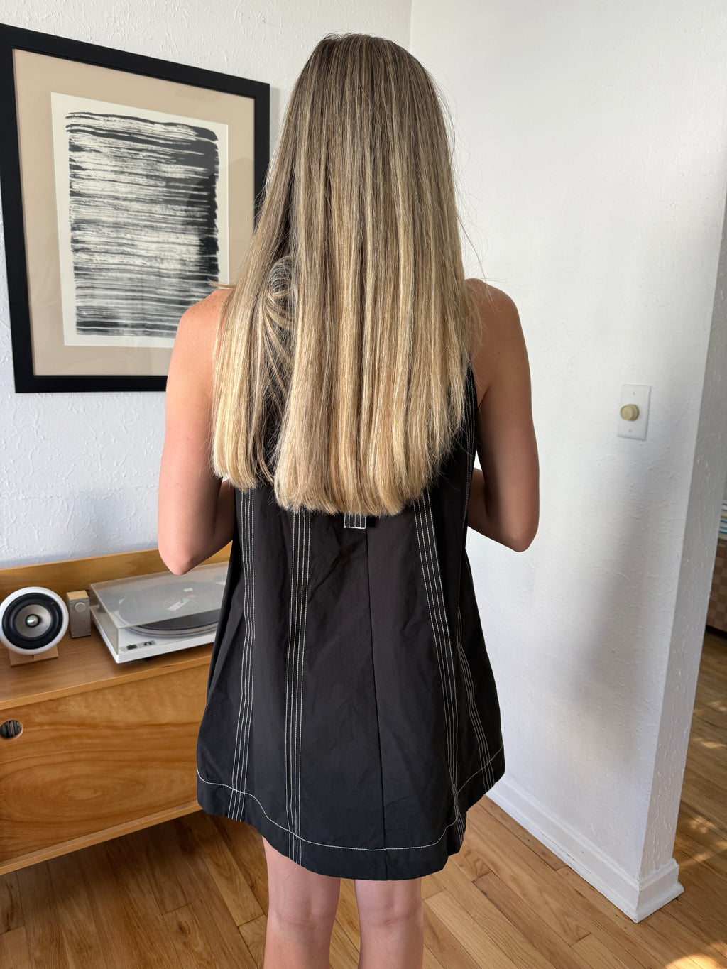 Maria Contrast Stitch Halter Mini Dress (Black)