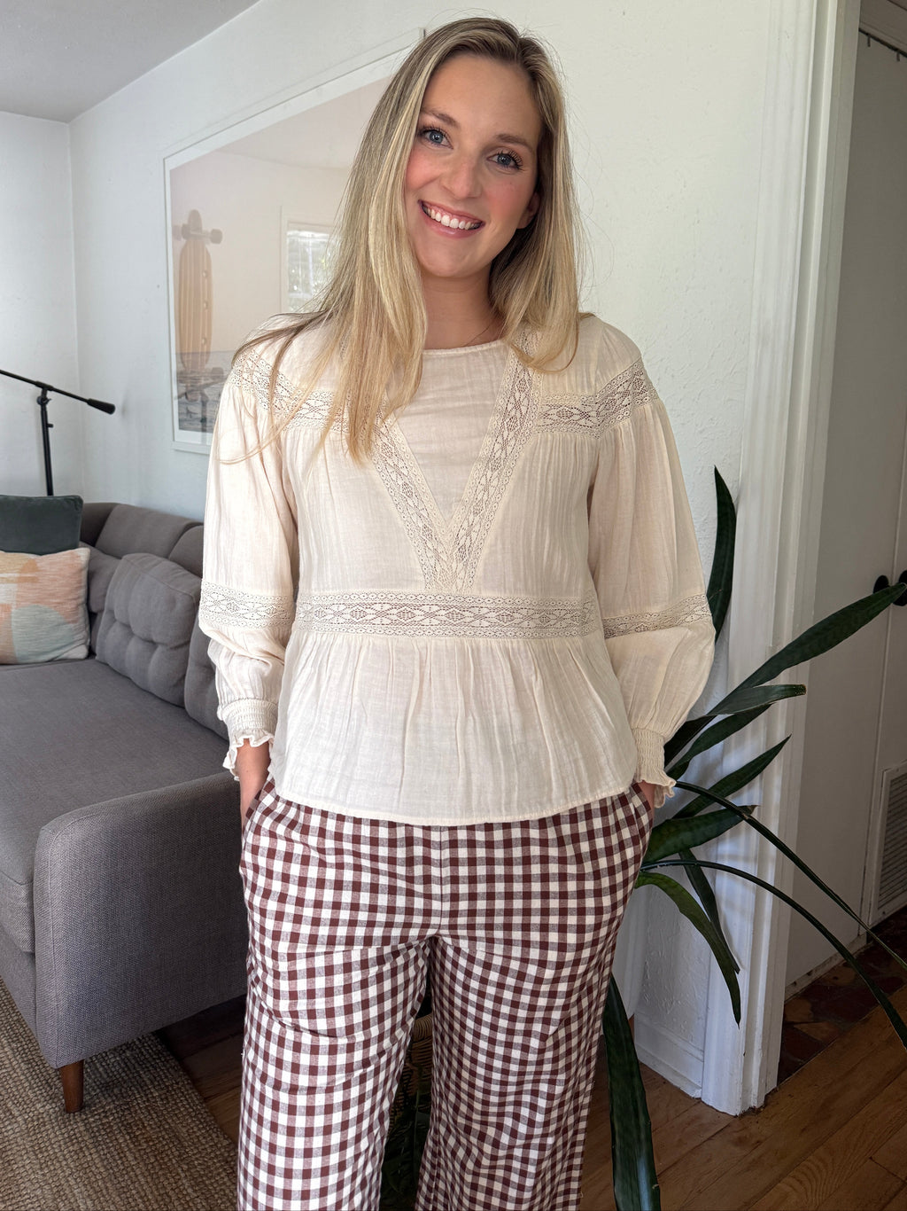 FRNCH Ambre Cream Eyelet Long Sleeve Top