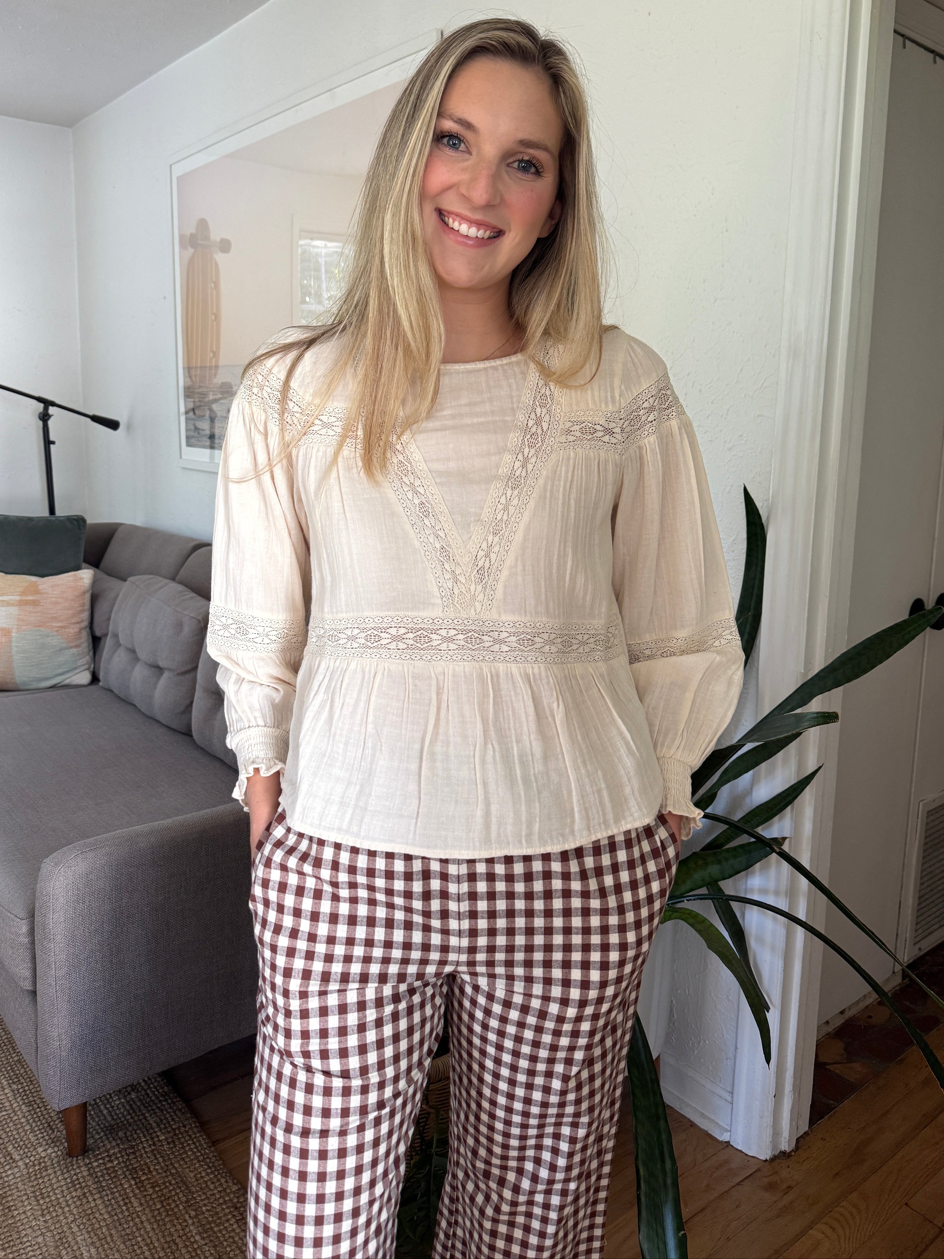 FRNCH Ambre Cream Eyelet Long Sleeve Top