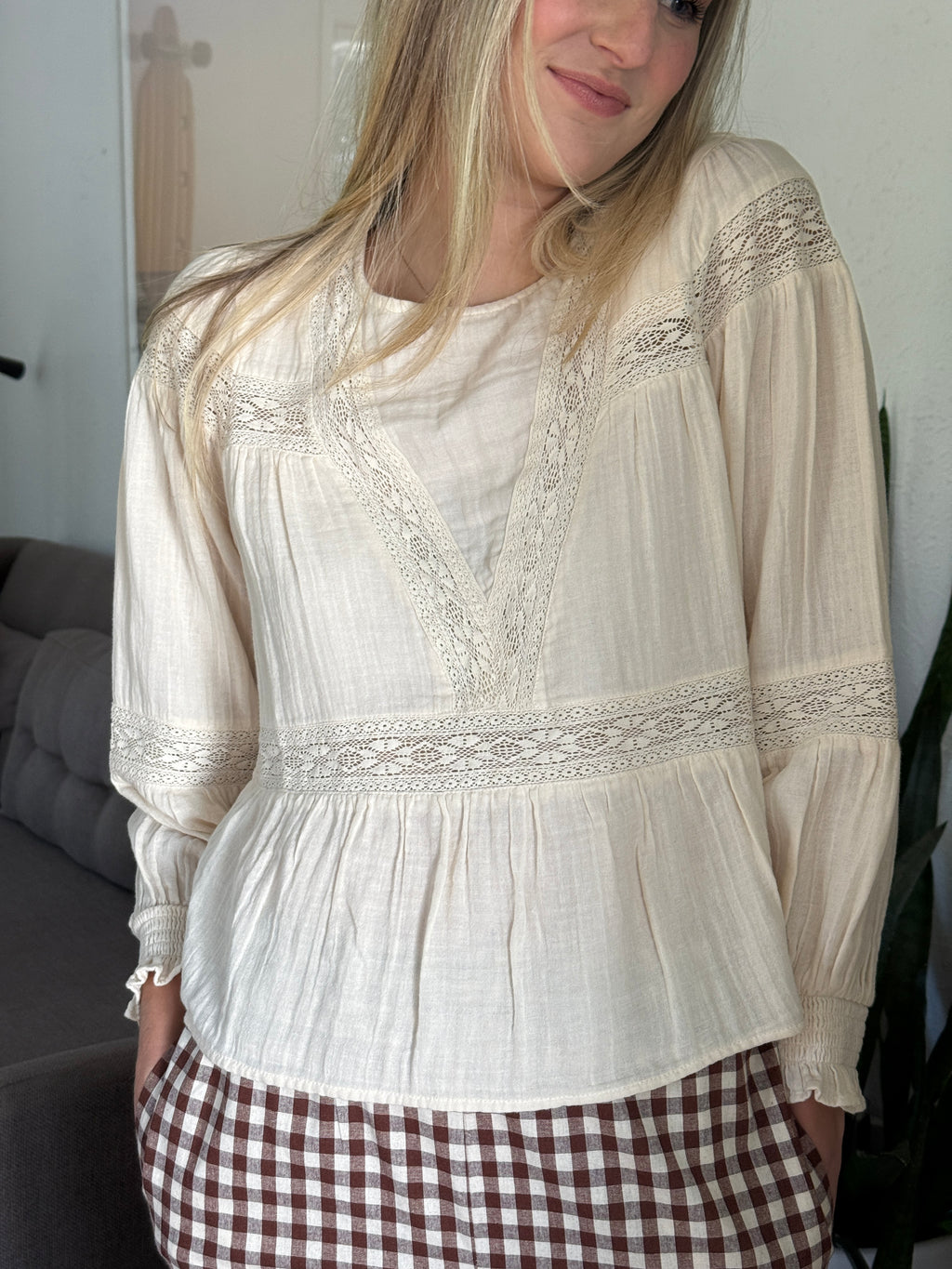 FRNCH Ambre Cream Eyelet Long Sleeve Top