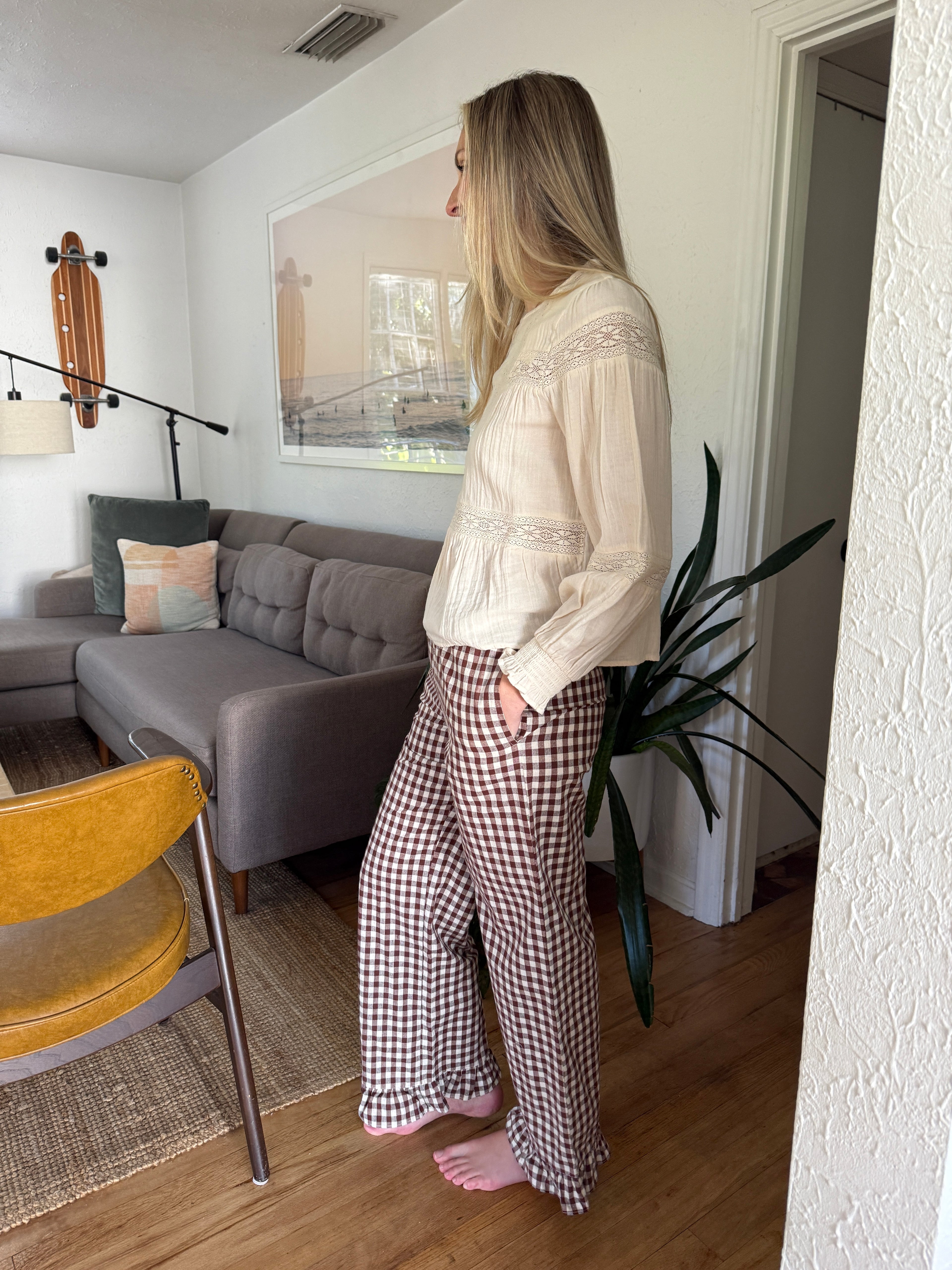 Things Between Julian Brown Gingham Ruffle Cotton Pants