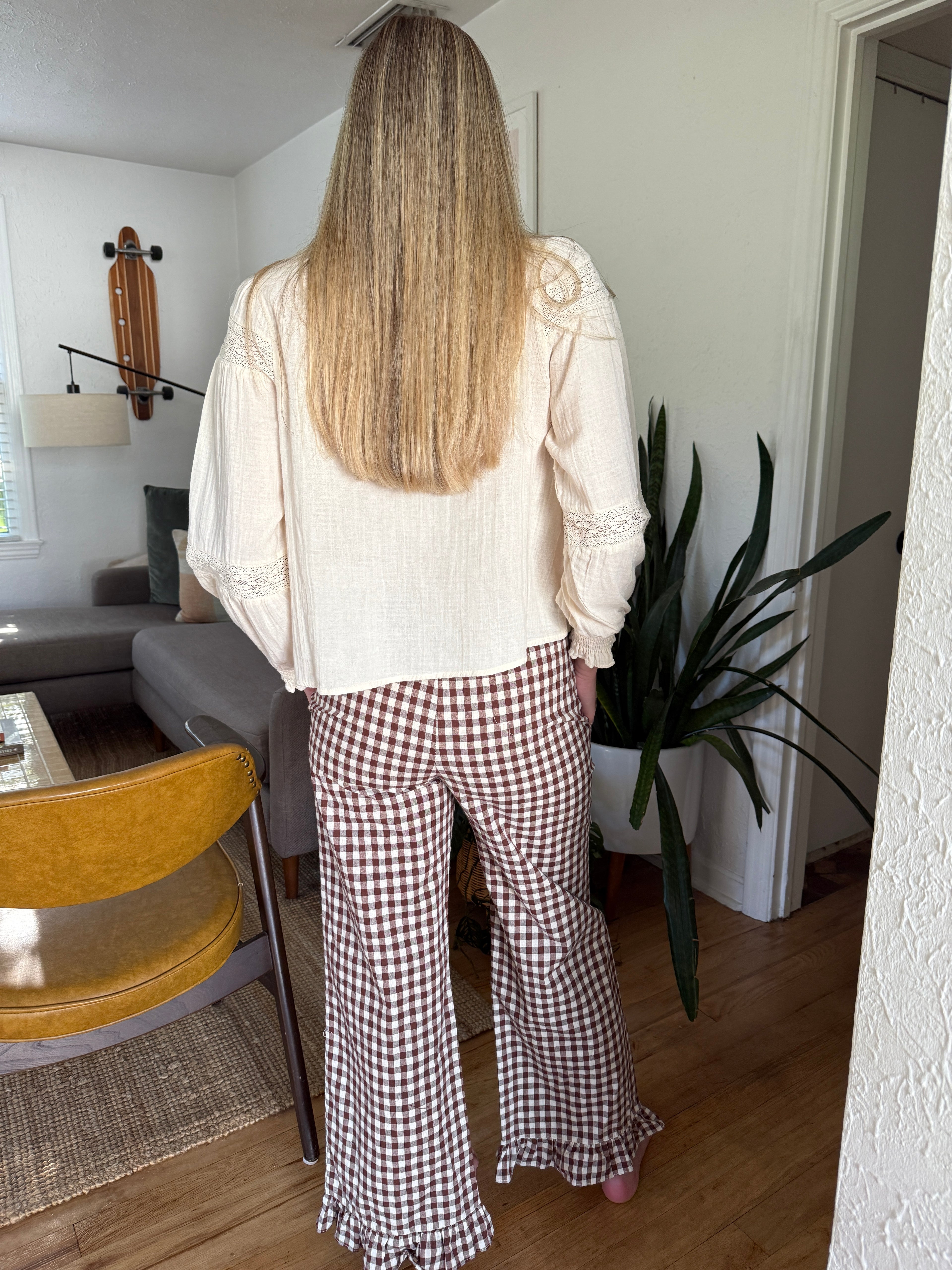 Things Between Julian Brown Gingham Ruffle Cotton Pants