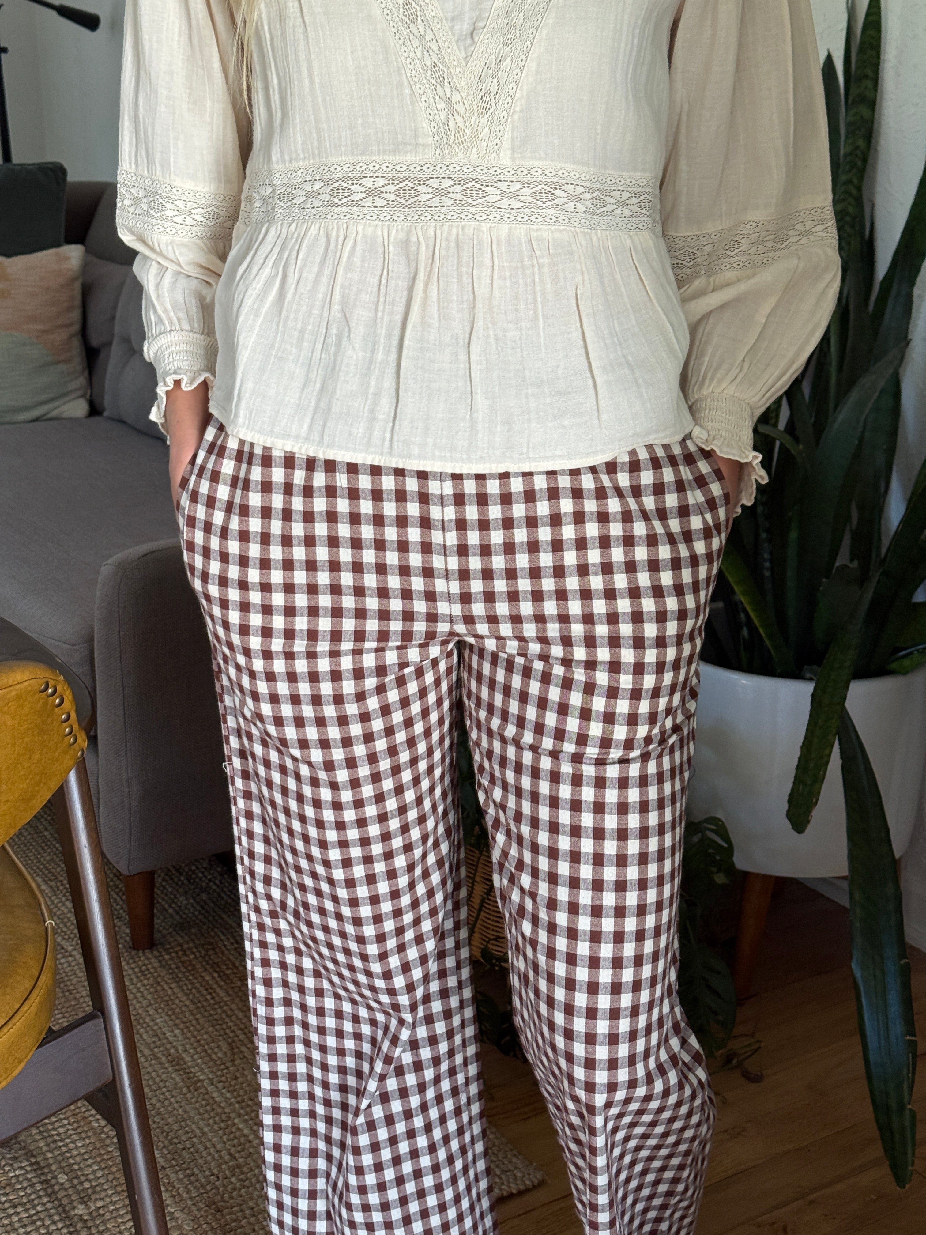Things Between Julian Brown Gingham Ruffle Cotton Pants