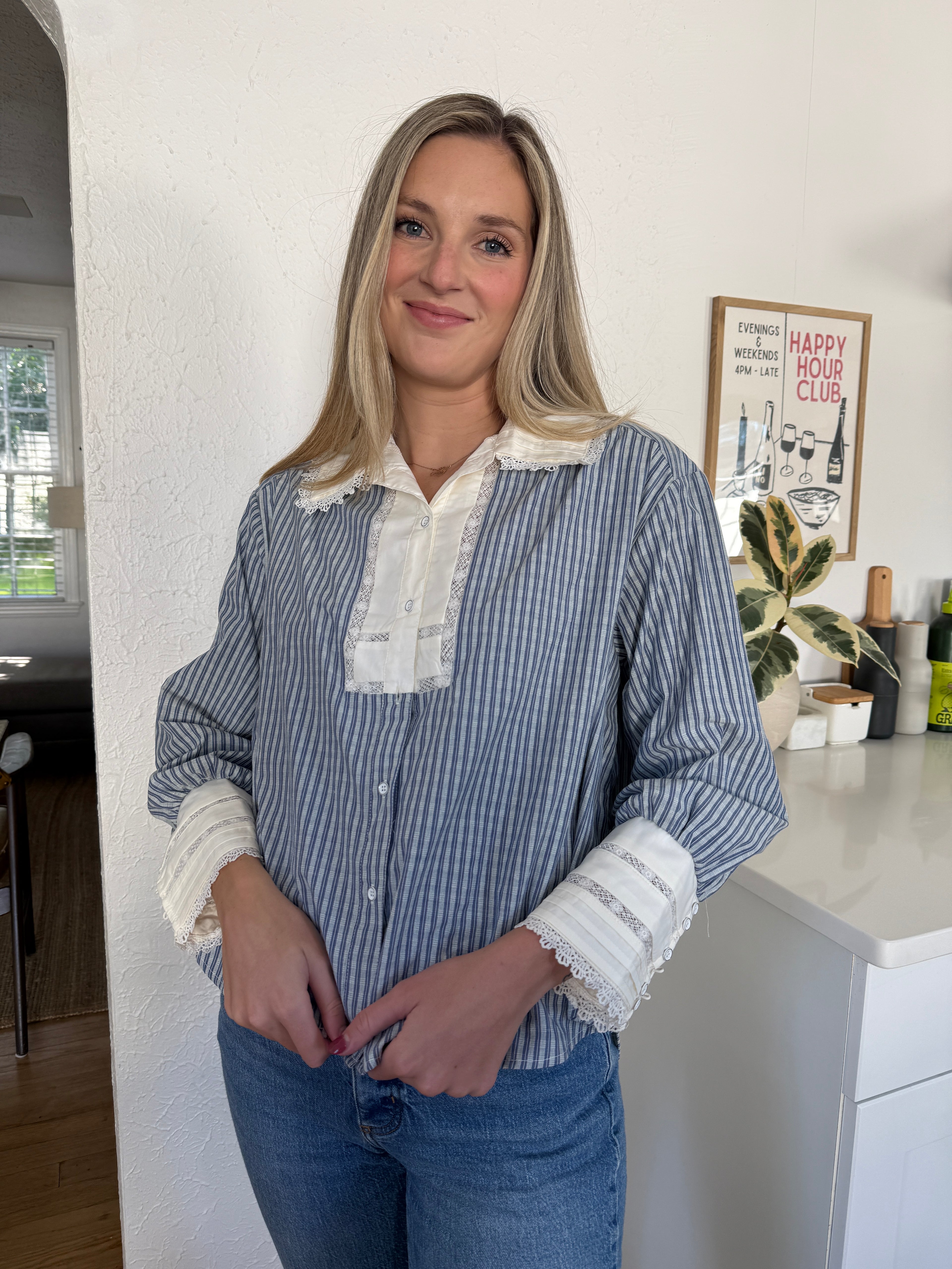 Ophelia Striped Crochet Lace Detail Buttoned Top