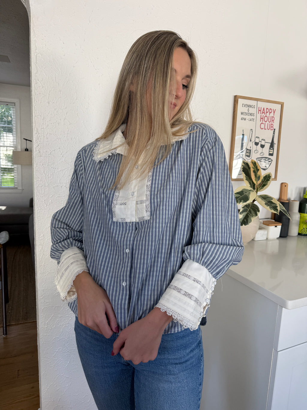 Ophelia Striped Crochet Lace Detail Buttoned Top