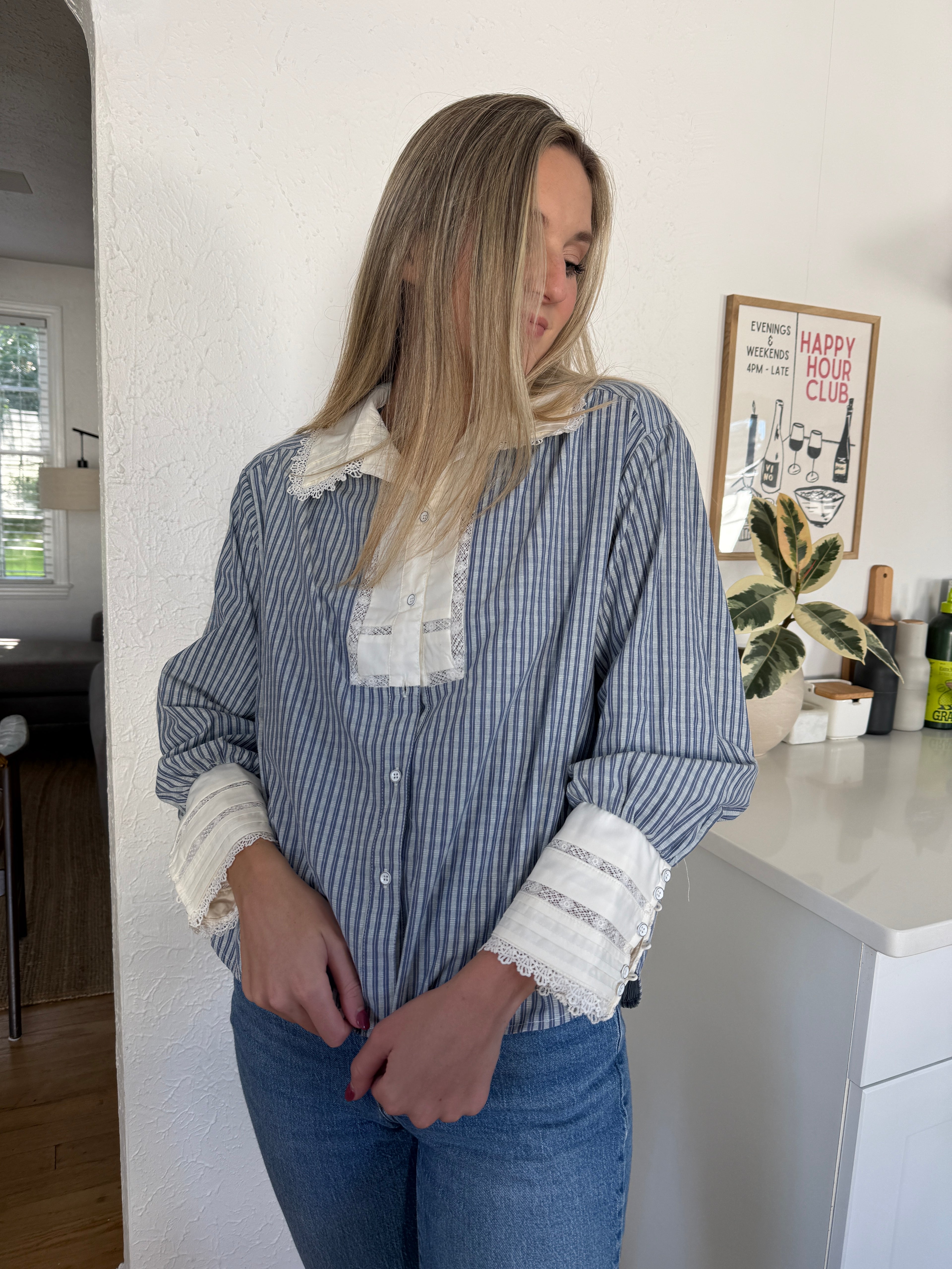 Ophelia Striped Crochet Lace Detail Buttoned Top