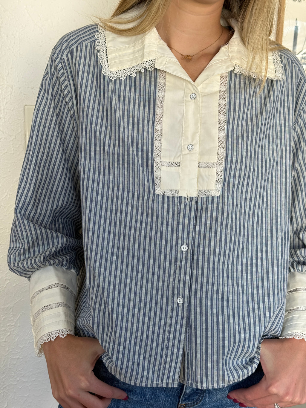 Ophelia Striped Crochet Lace Detail Buttoned Top