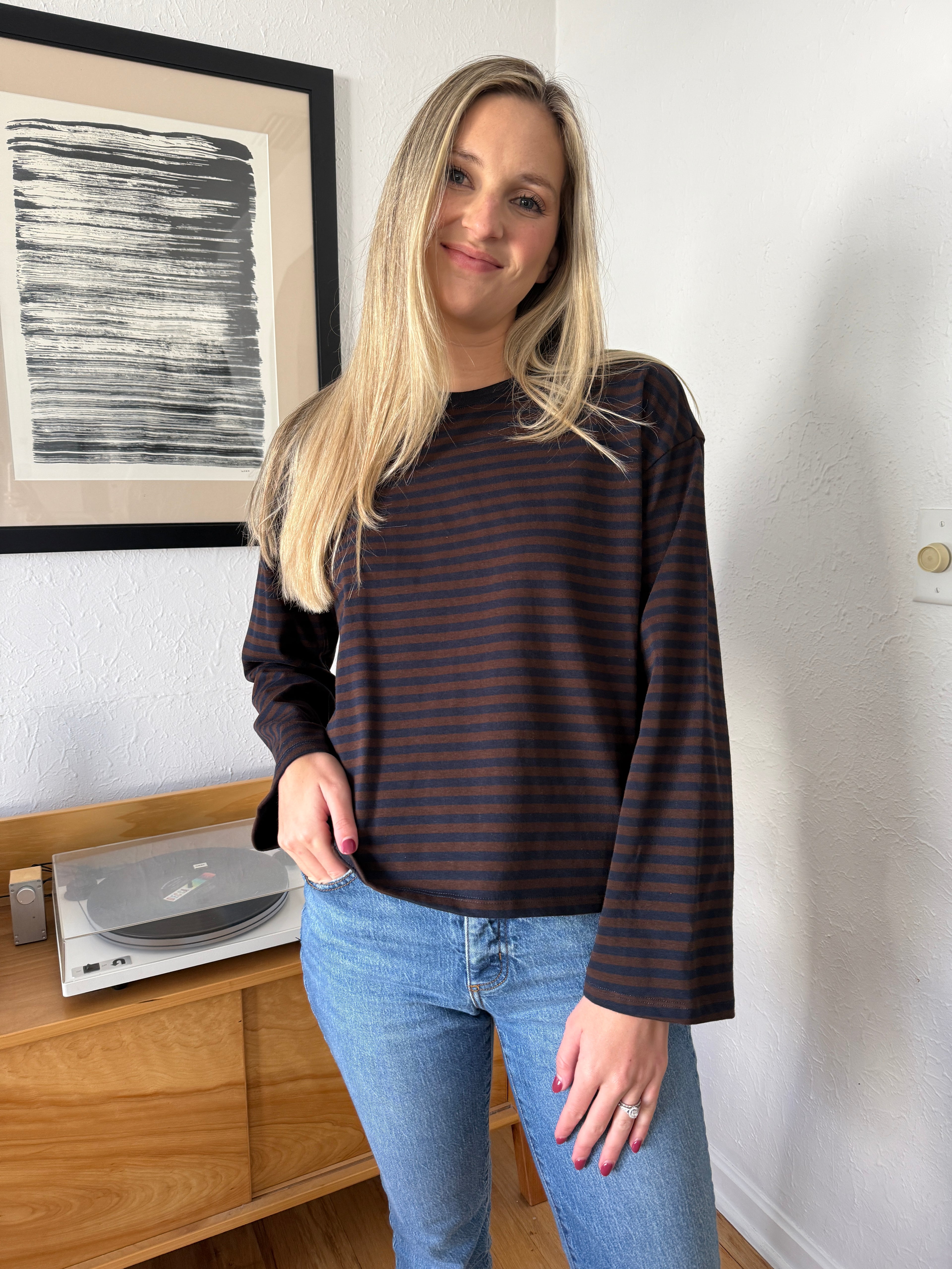 Callahan Striped Cotton Long Sleeve Top (Brown)