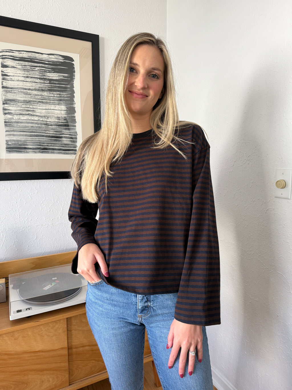 Callahan Striped Cotton Long Sleeve Top (Brown)