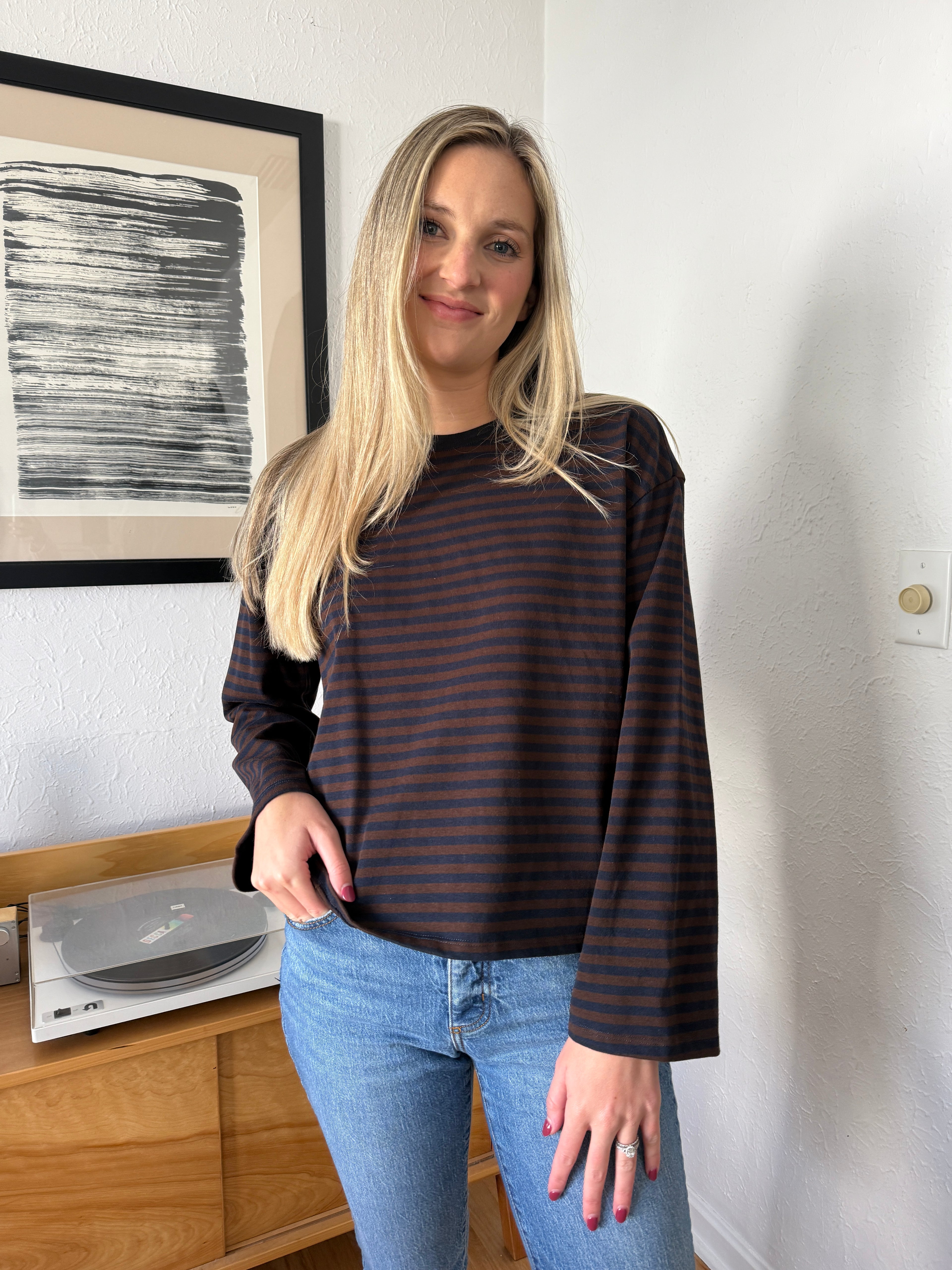 Callahan Striped Cotton Long Sleeve Top (Brown)