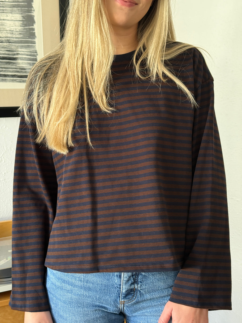 Callahan Striped Cotton Long Sleeve Top (Brown)