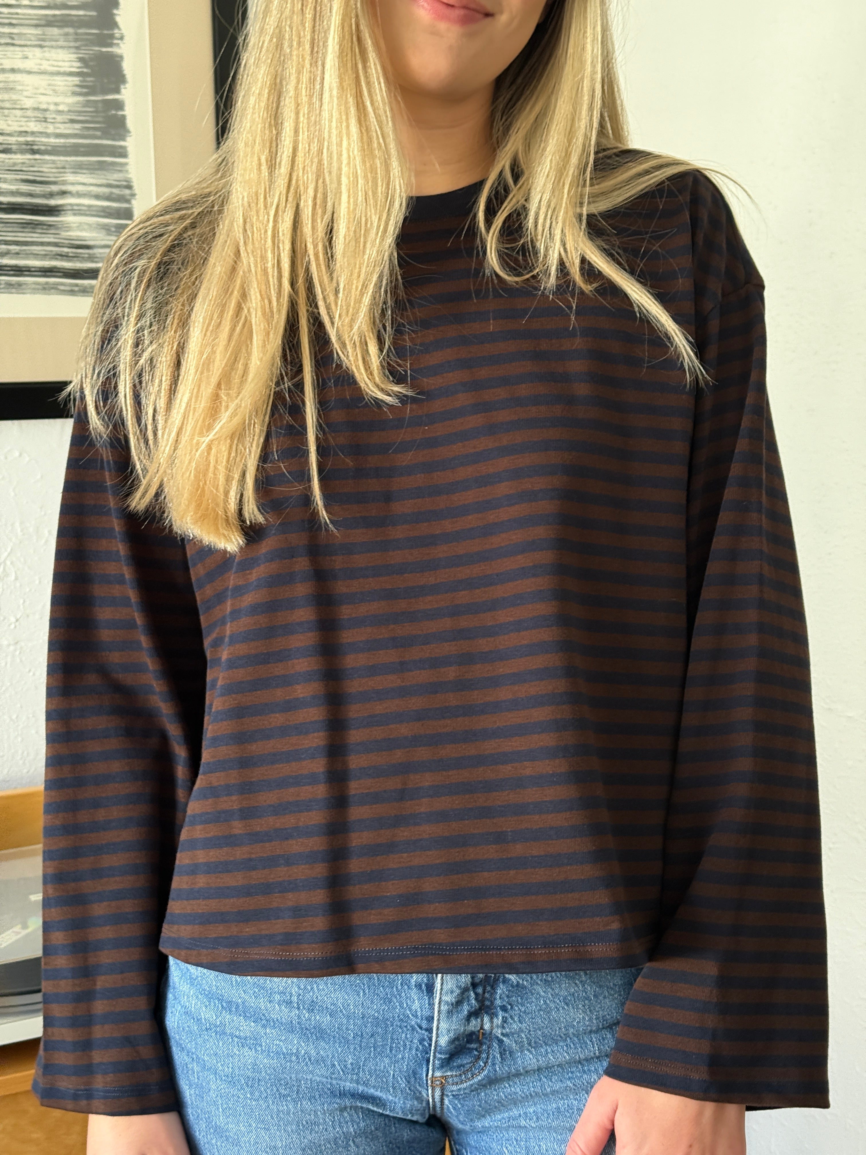 Callahan Striped Cotton Long Sleeve Top (Brown)