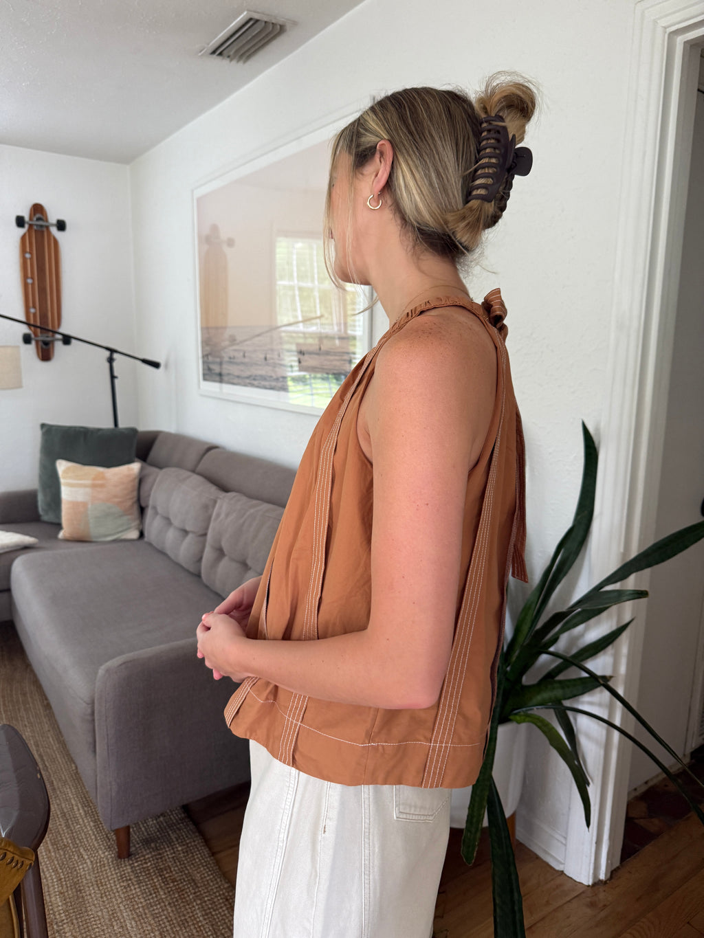 Paula Caramel Contrast Stitch Halter Top