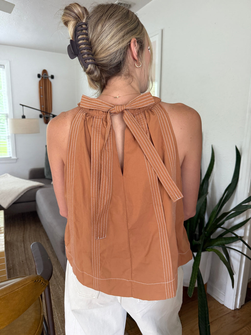 Paula Caramel Contrast Stitch Halter Top