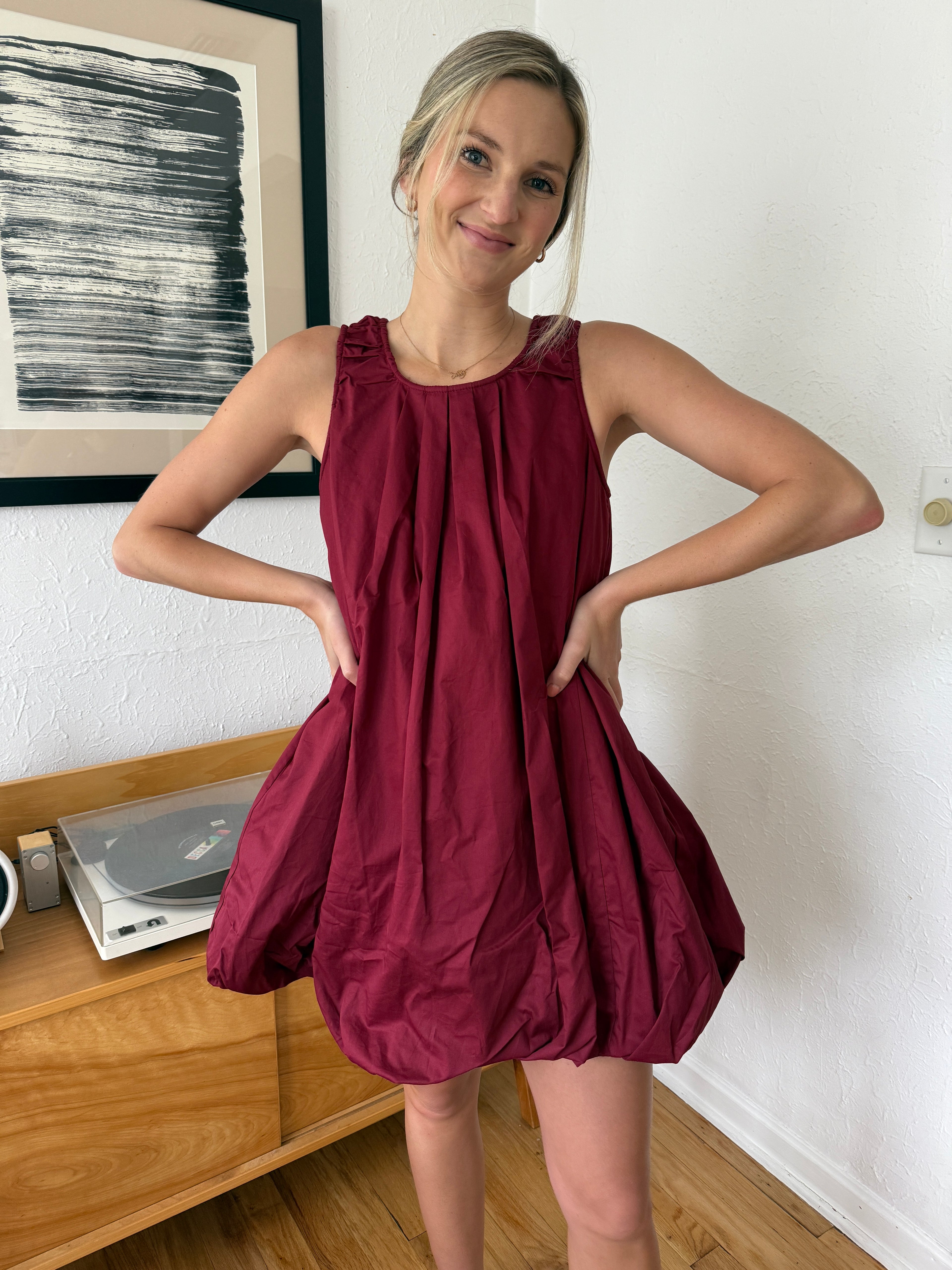 Sophie the Label Burgundy Poplin Bubble Hem Mini Dress