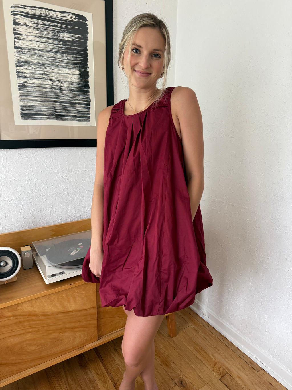Sophie the Label Burgundy Poplin Bubble Hem Mini Dress