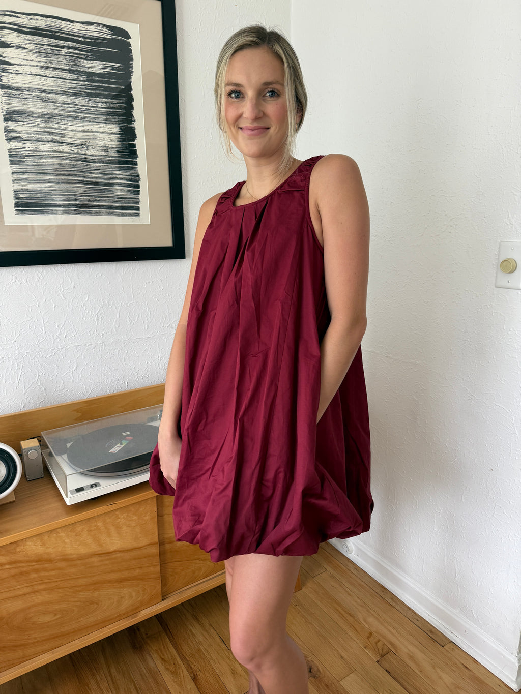Sophie the Label Burgundy Poplin Bubble Hem Mini Dress