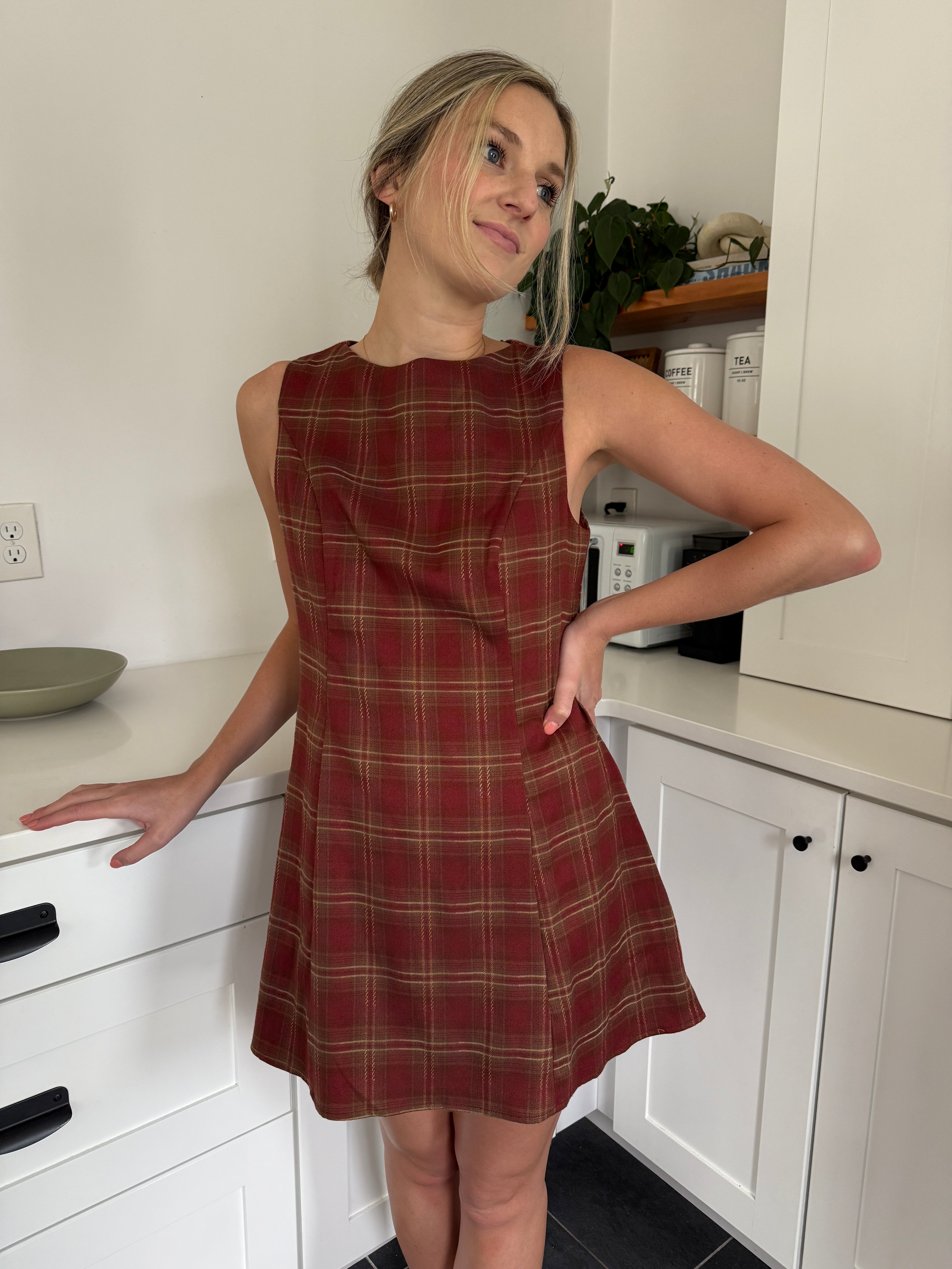Needii Persimmon Rust Plaid Skater Swing Mini Dress