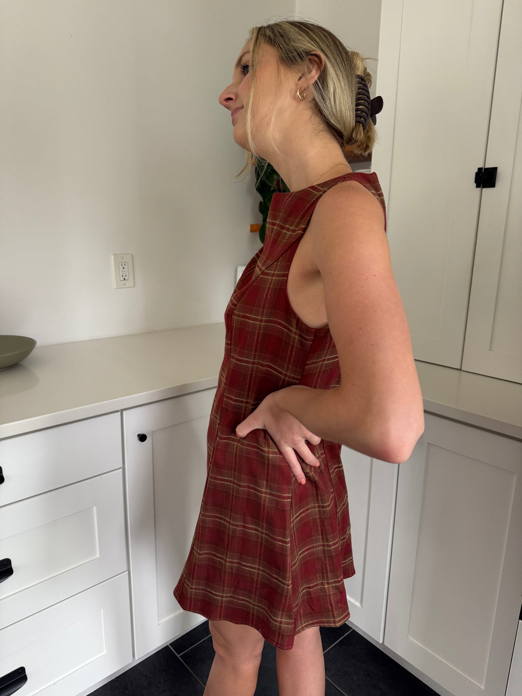 Needii Persimmon Rust Plaid Skater Swing Mini Dress