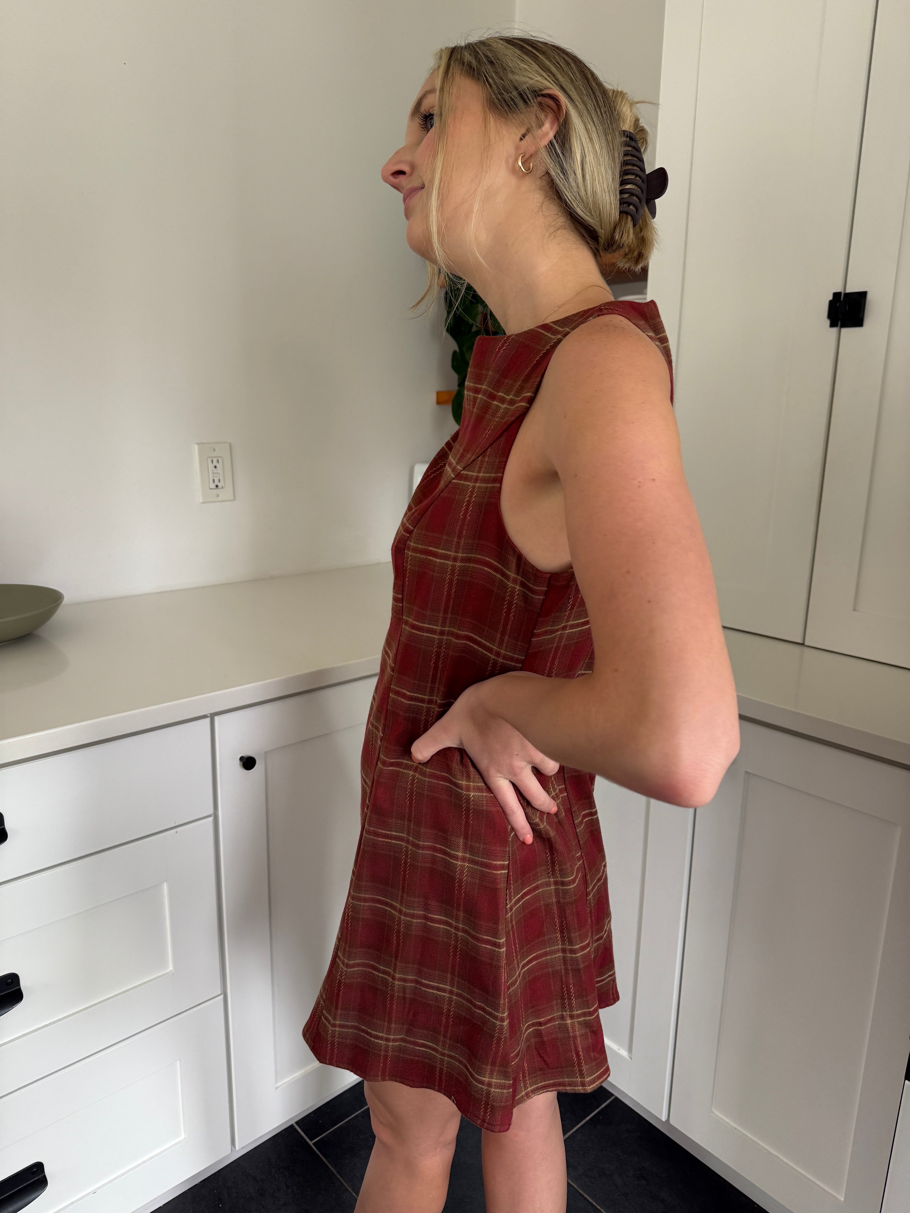 Needii Persimmon Rust Plaid Skater Swing Mini Dress