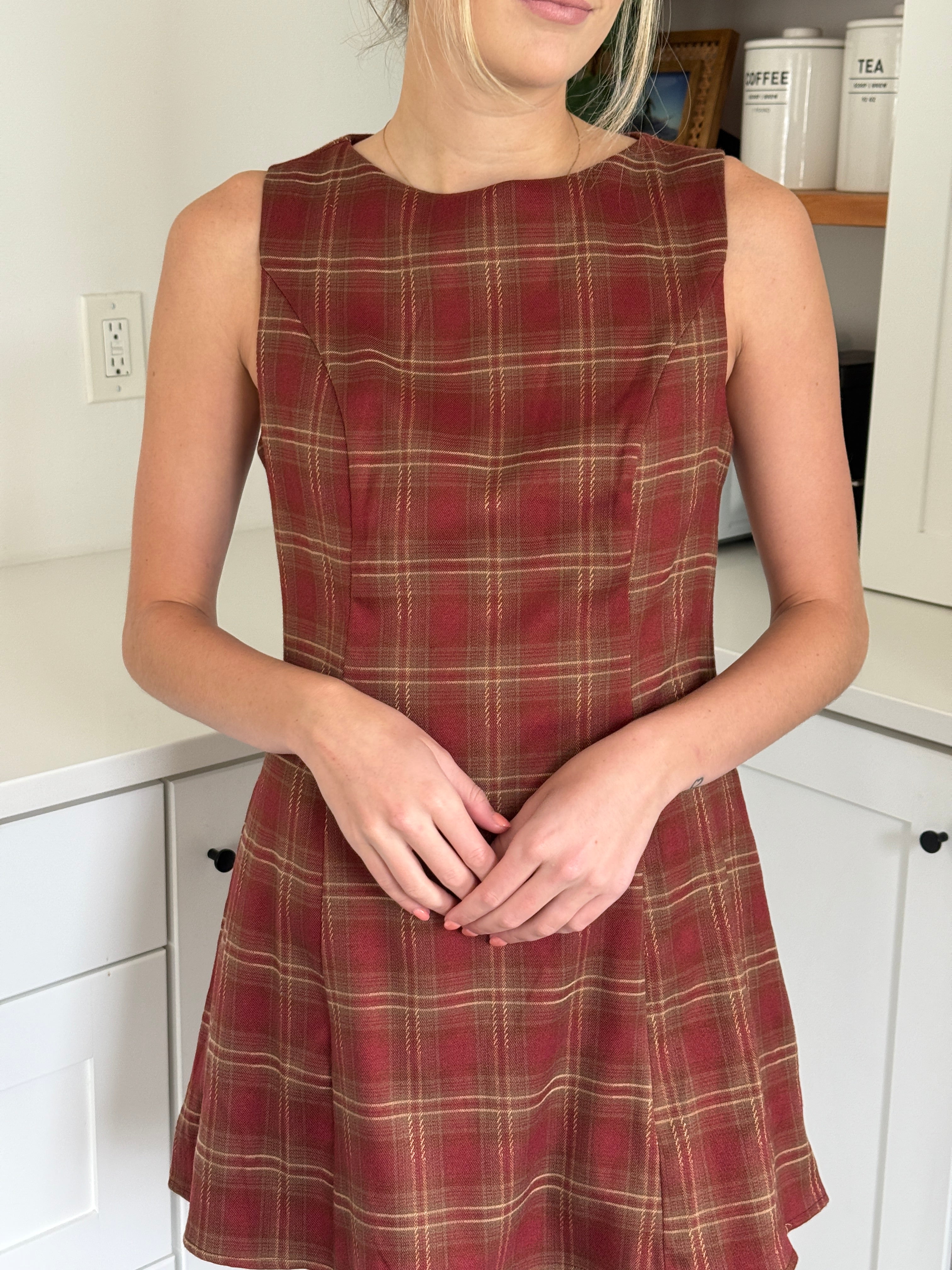 Needii Persimmon Rust Plaid Skater Swing Mini Dress