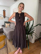 Needii Pearl Brown Gingham Tie Top Tank Midi Dress