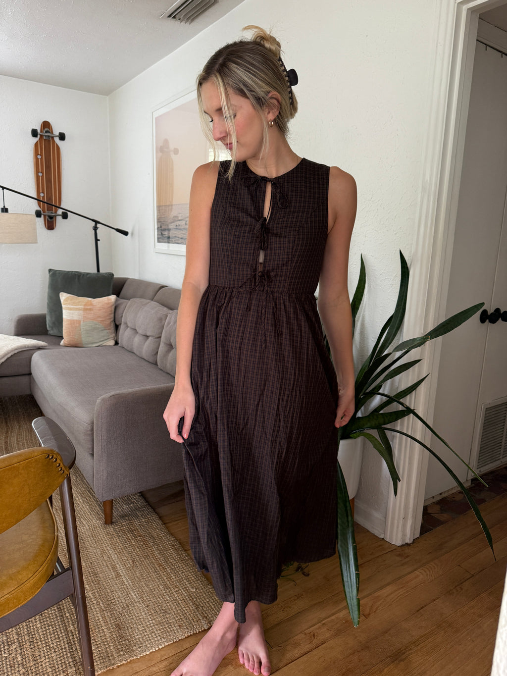 Needii Pearl Brown Gingham Tie Top Tank Midi Dress