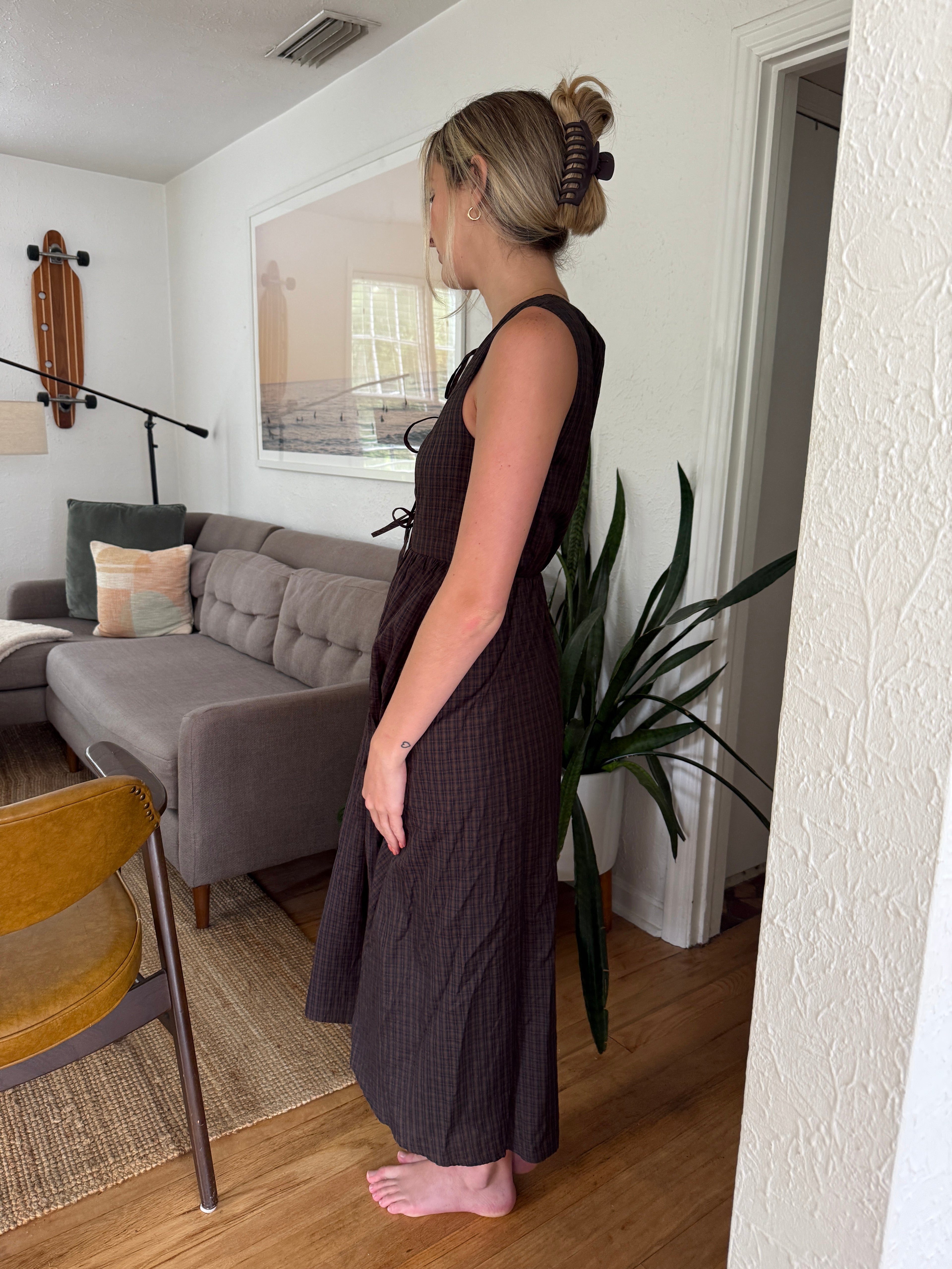 Needii Pearl Brown Gingham Tie Top Tank Midi Dress