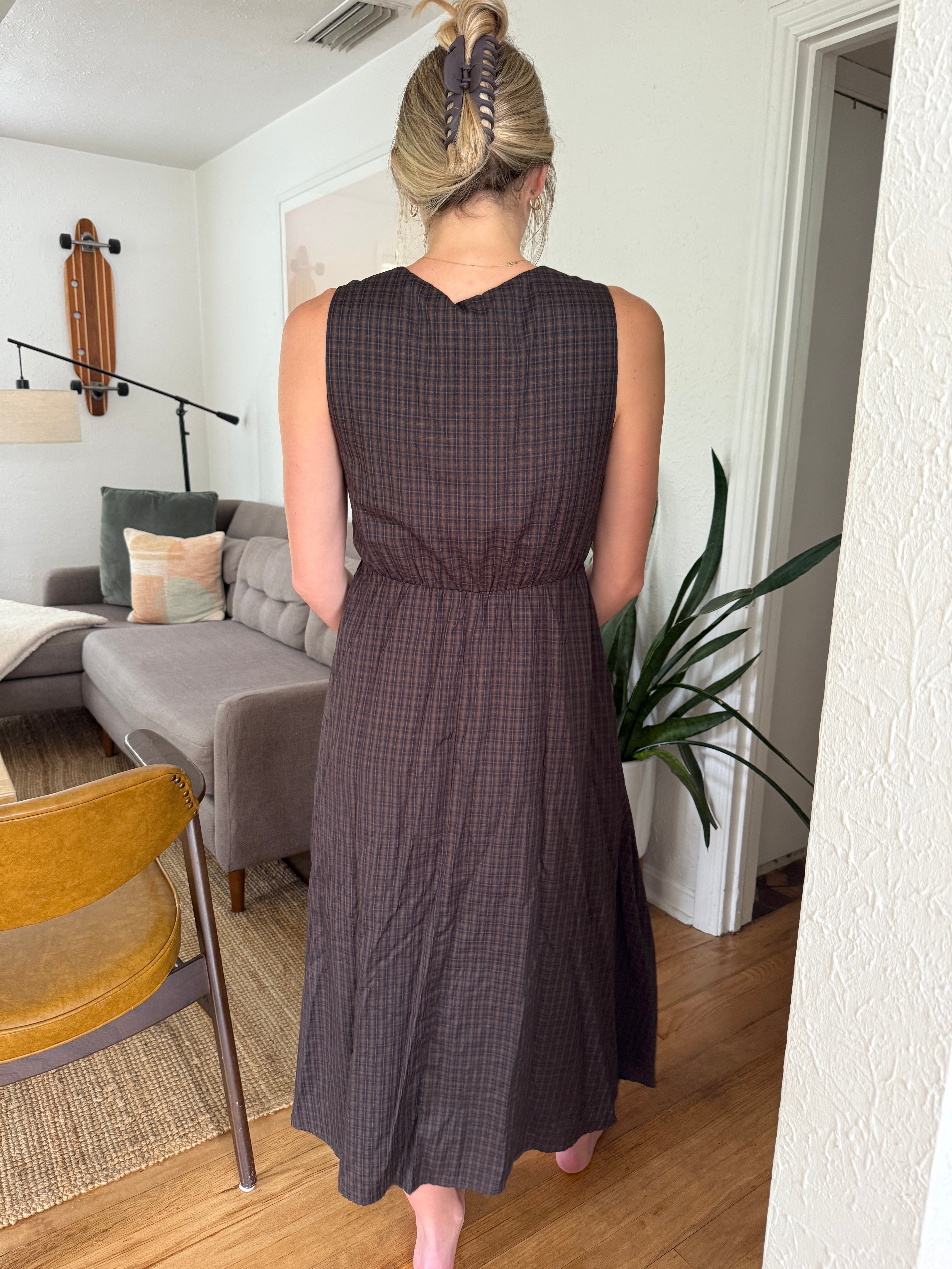 Needii Pearl Brown Gingham Tie Top Tank Midi Dress