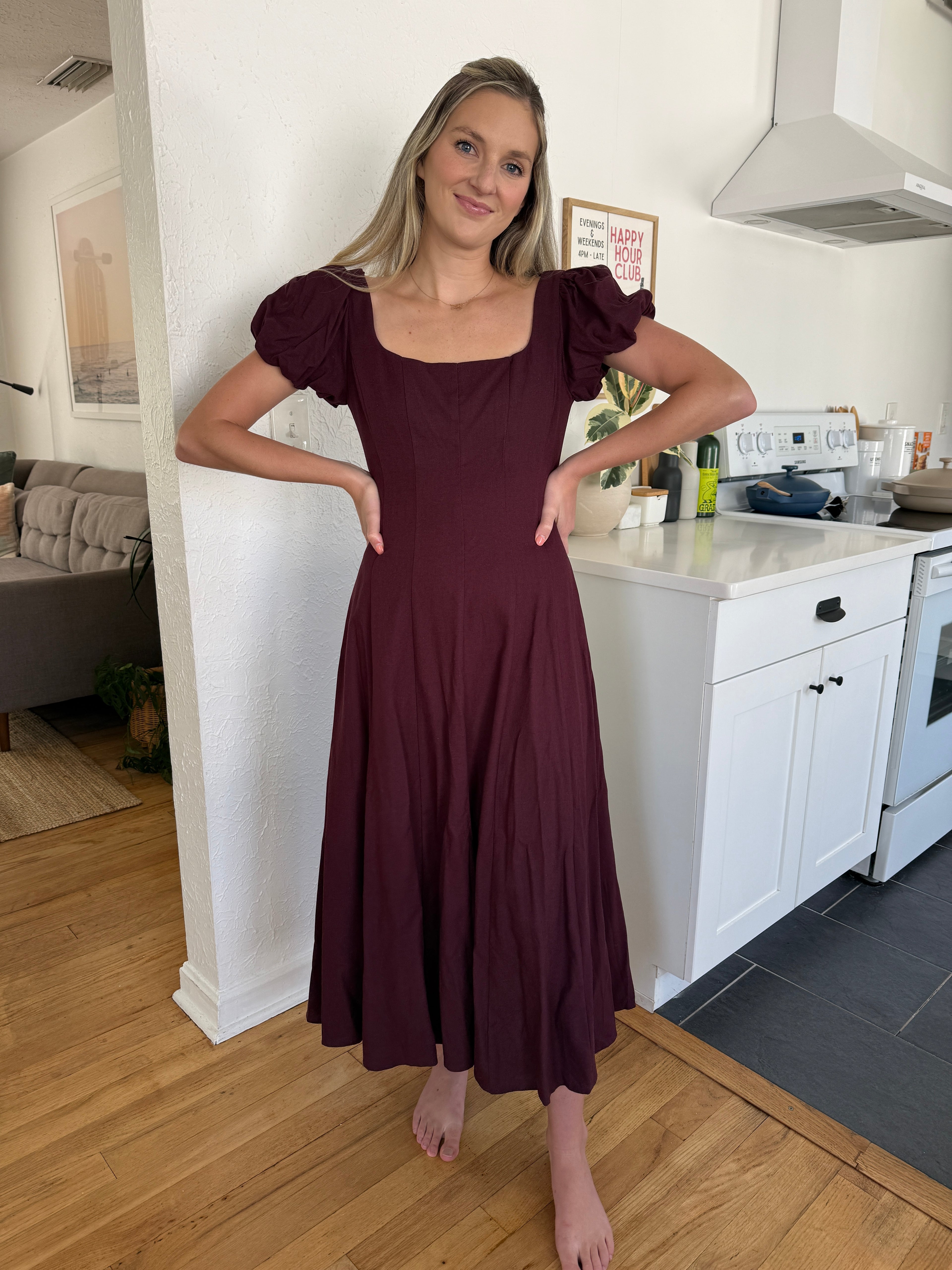 Ruby Deep Merlot Linen Puff Sleeve Midi Dress