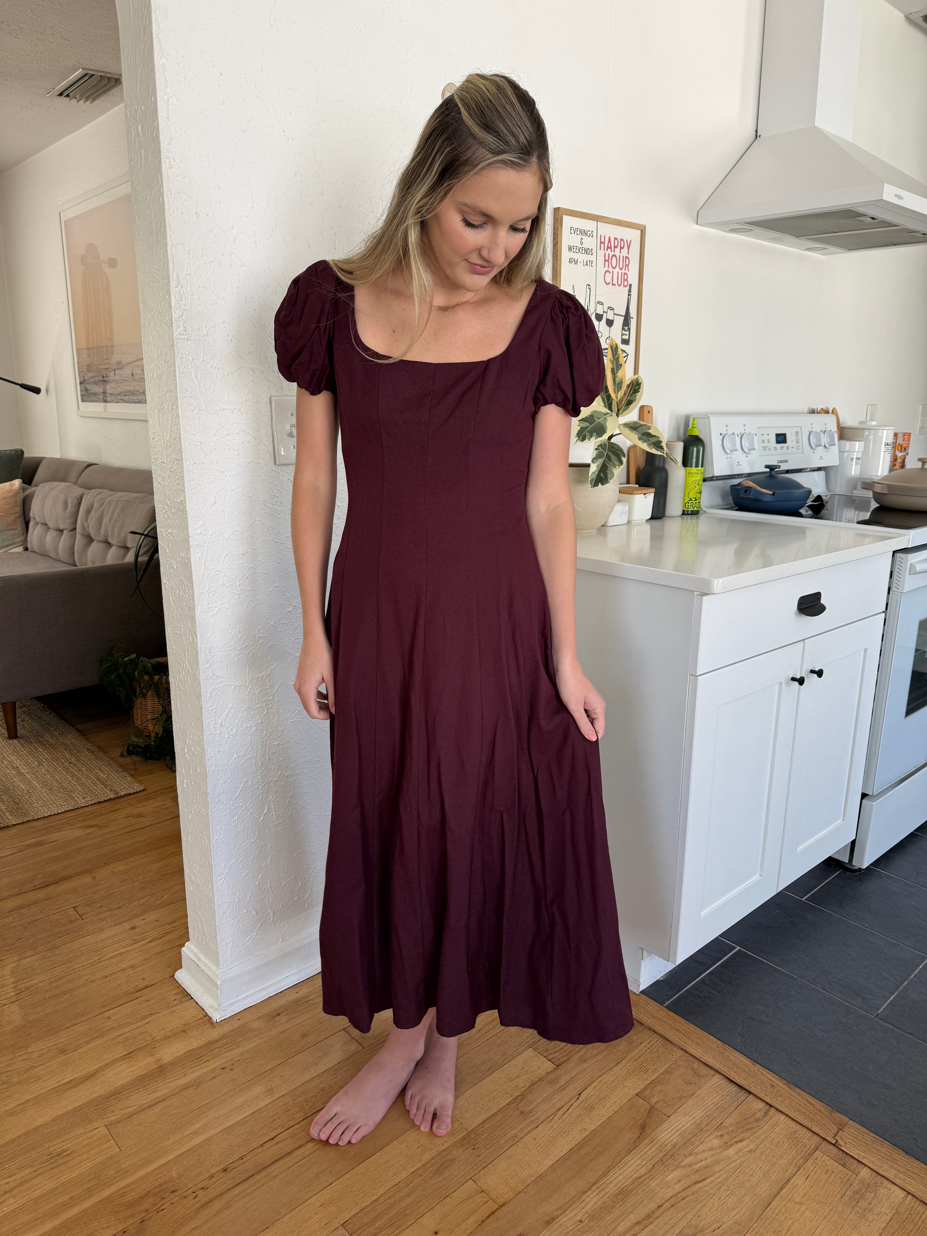Ruby Deep Merlot Linen Puff Sleeve Midi Dress